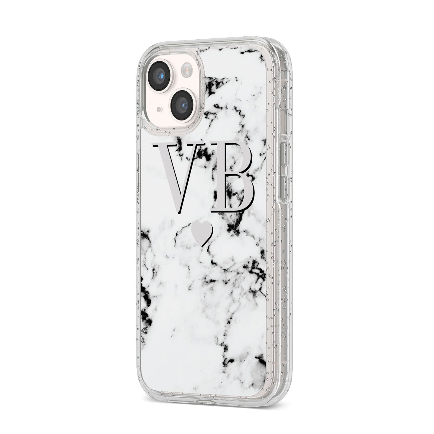 Personalised Grey Initialed Marble Heart iPhone 14 Glitter Tough Case Starlight Angled Image