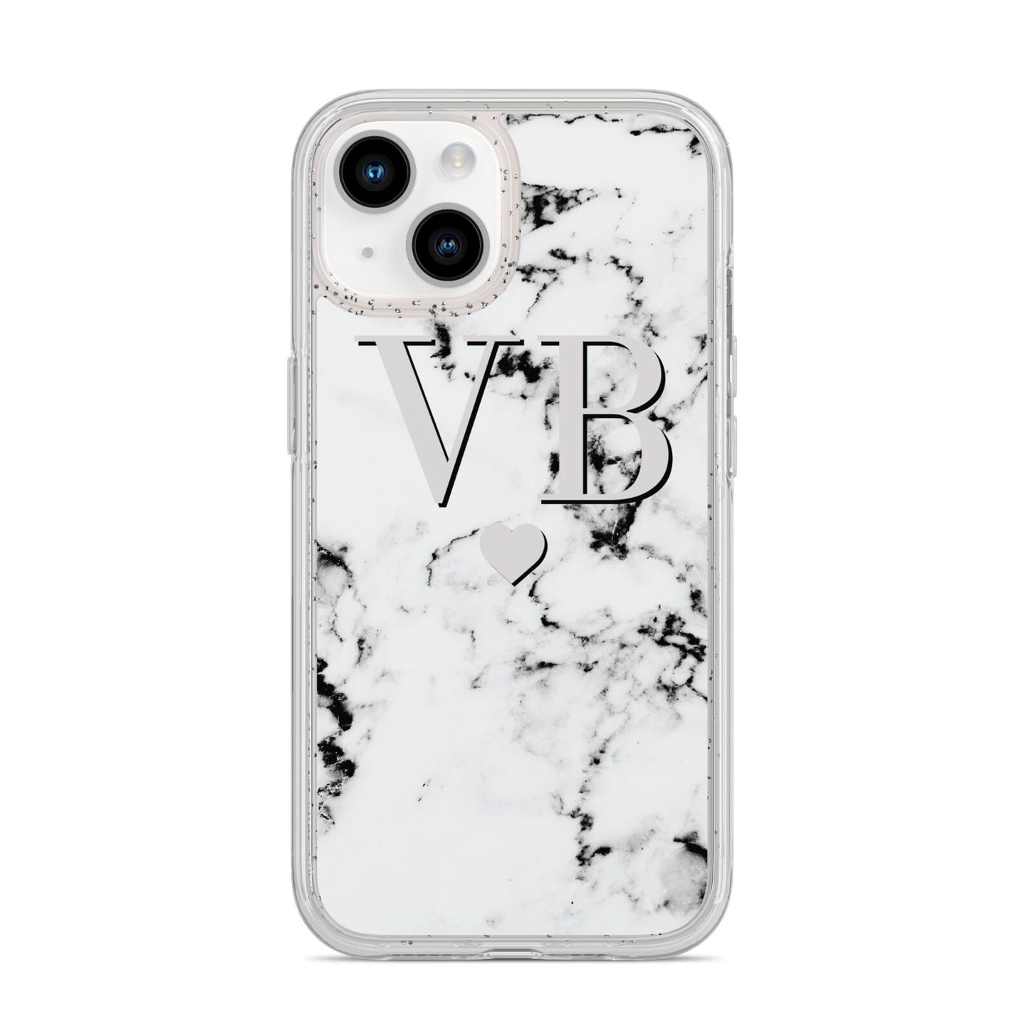 Personalised Grey Initialed Marble Heart iPhone 14 Glitter Tough Case Starlight