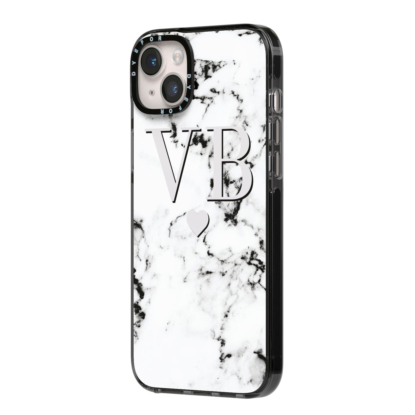 Personalised Grey Initialed Marble Heart iPhone 14 Plus Black Impact Case Side Angle on Silver phone