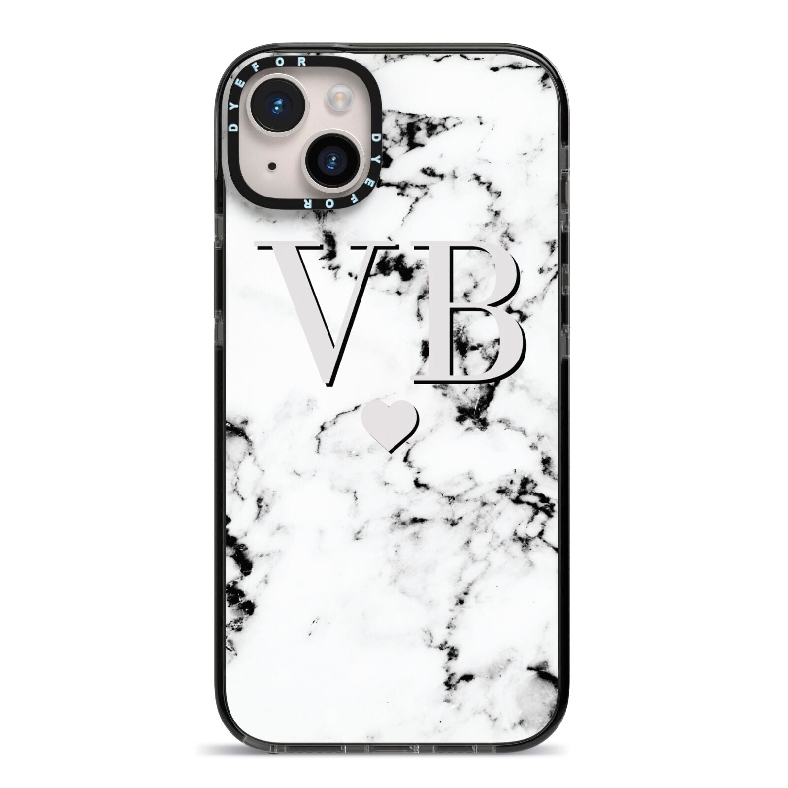 Personalised Grey Initialed Marble Heart iPhone 14 Plus Black Impact Case on Silver phone