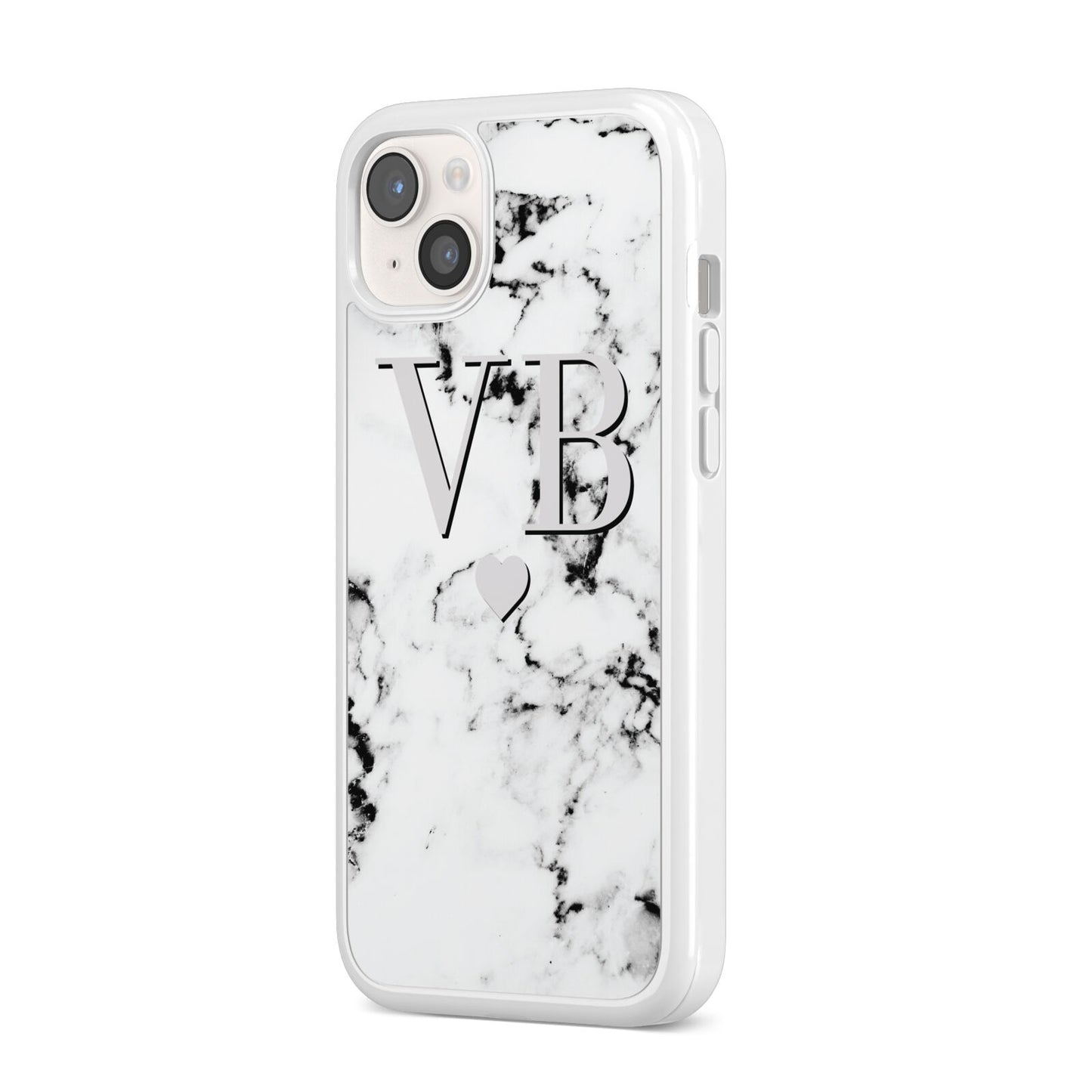 Personalised Grey Initialed Marble Heart iPhone 14 Plus Clear Tough Case Starlight Angled Image