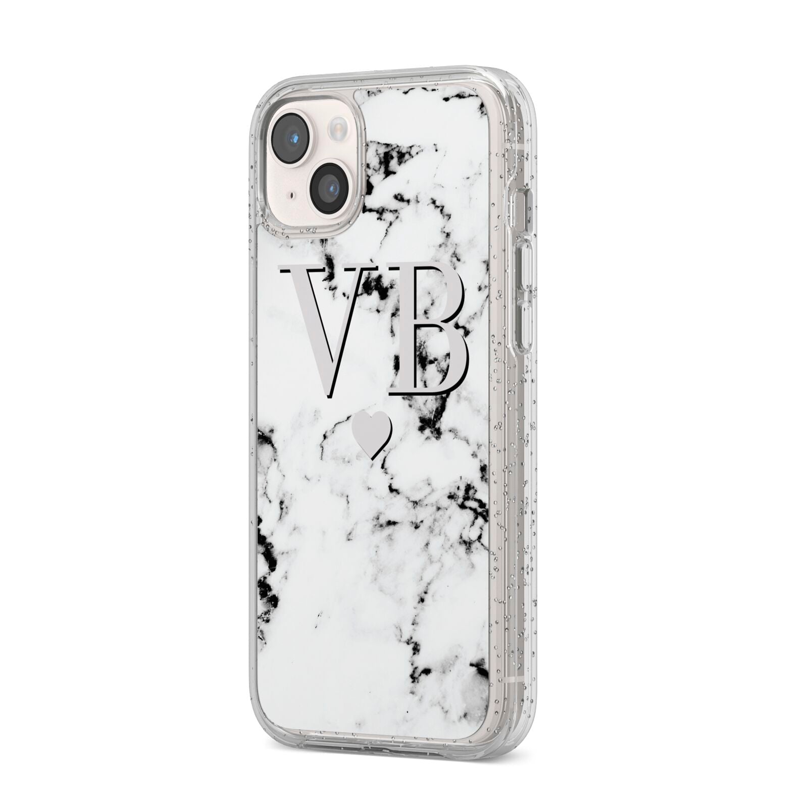 Personalised Grey Initialed Marble Heart iPhone 14 Plus Glitter Tough Case Starlight Angled Image