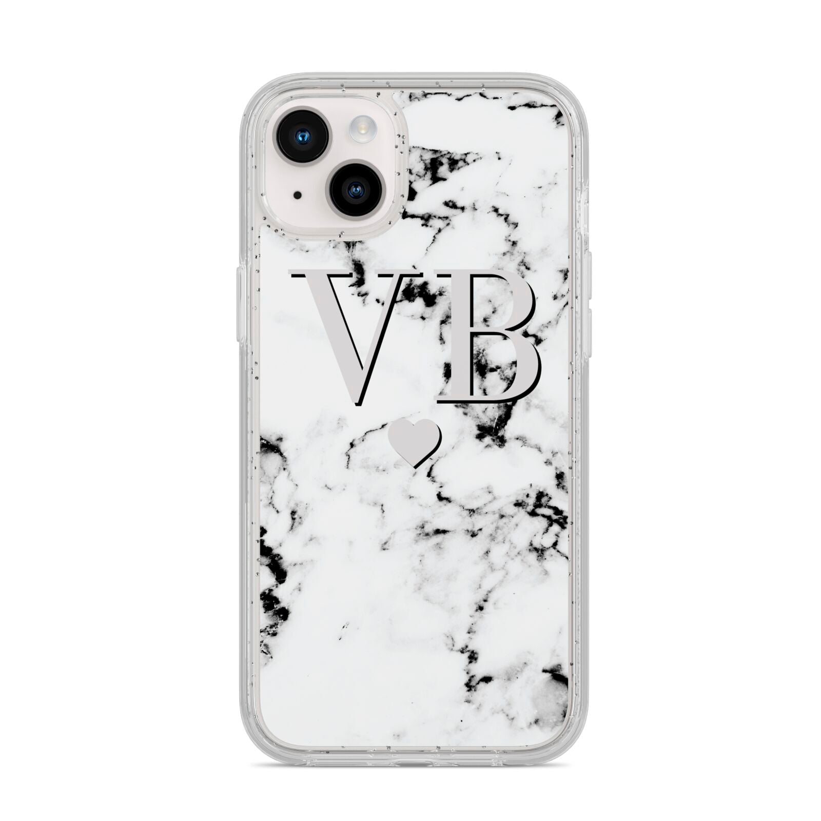 Personalised Grey Initialed Marble Heart iPhone 14 Plus Glitter Tough Case Starlight