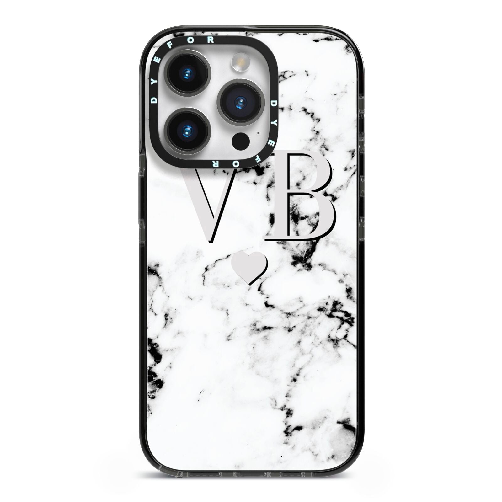 Personalised Grey Initialed Marble Heart iPhone 14 Pro Black Impact Case on Silver phone