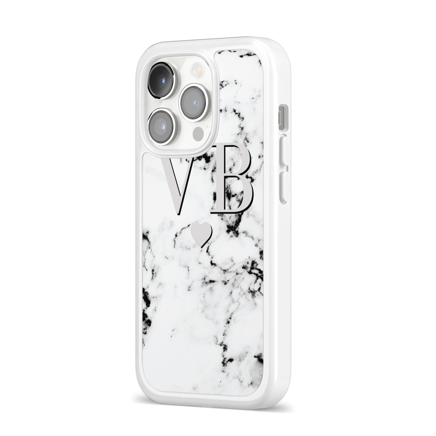 Personalised Grey Initialed Marble Heart iPhone 14 Pro Clear Tough Case Silver Angled Image