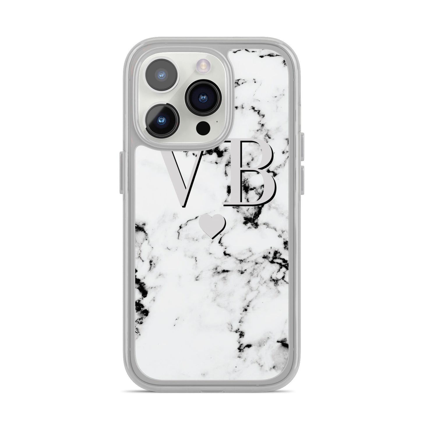 Personalised Grey Initialed Marble Heart iPhone 14 Pro Clear Tough Case Silver