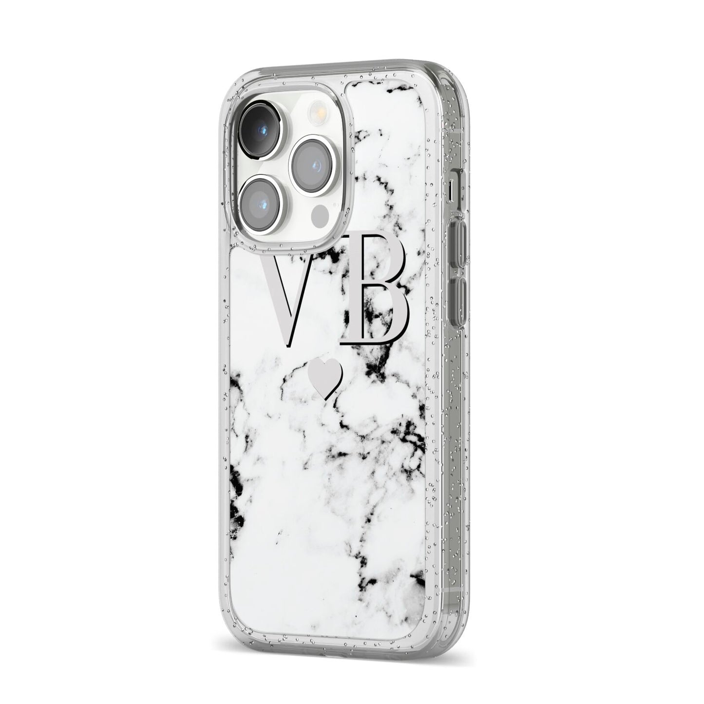 Personalised Grey Initialed Marble Heart iPhone 14 Pro Glitter Tough Case Silver Angled Image