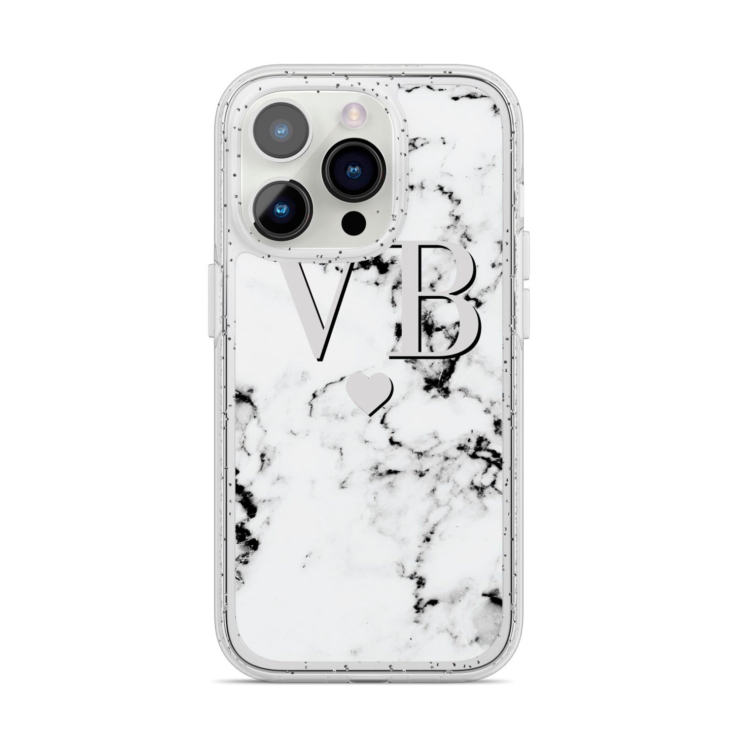 Personalised Grey Initialed Marble Heart iPhone 14 Pro Glitter Tough Case Silver