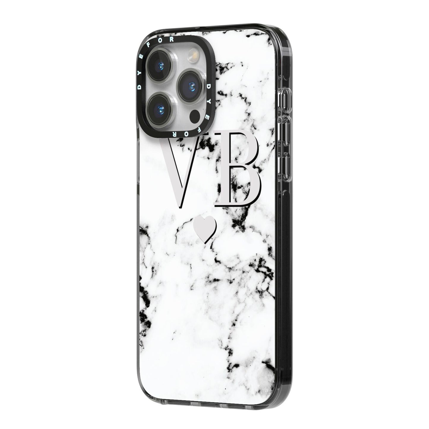 Personalised Grey Initialed Marble Heart iPhone 14 Pro Max Black Impact Case Side Angle on Silver phone