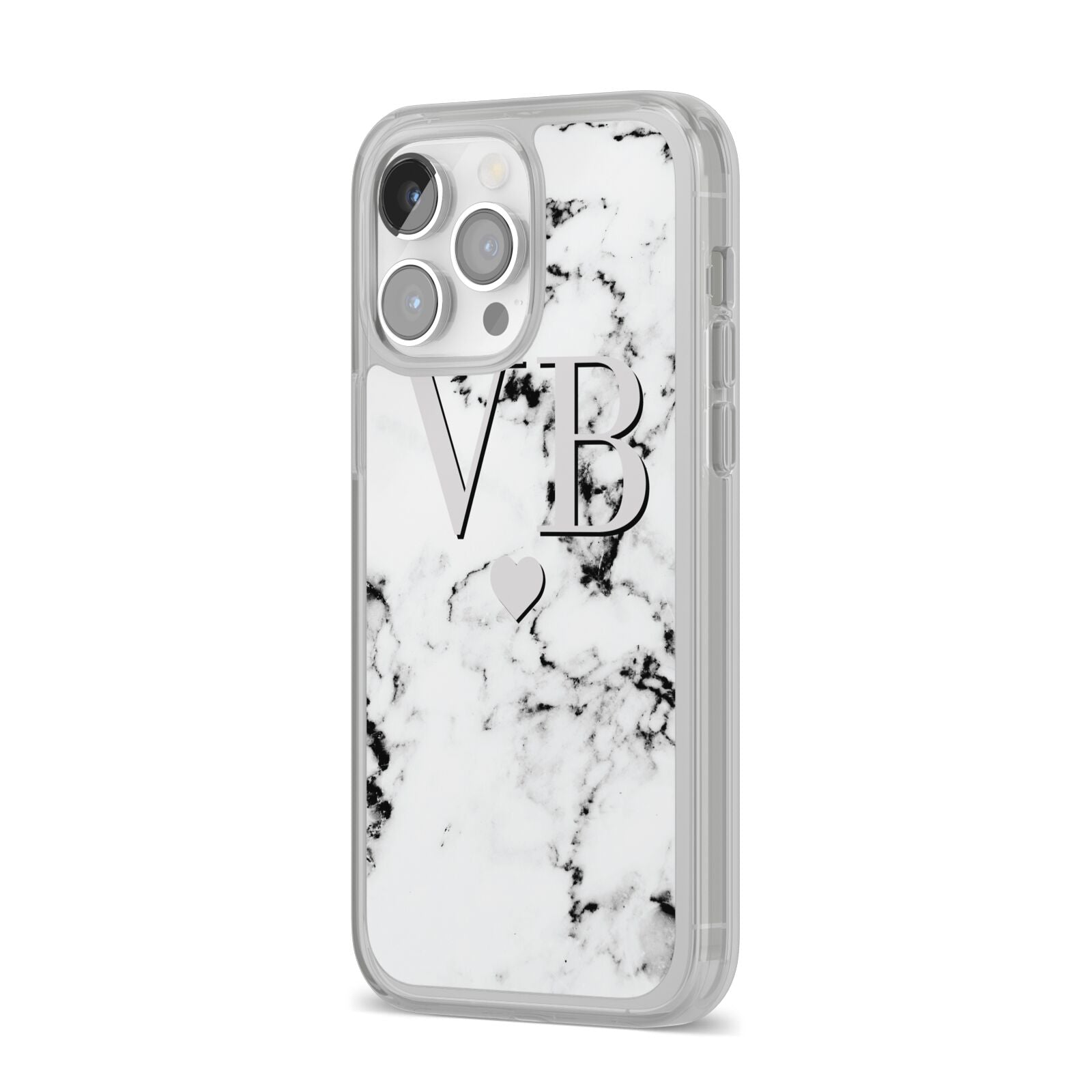 Personalised Grey Initialed Marble Heart iPhone 14 Pro Max Clear Tough Case Silver Angled Image