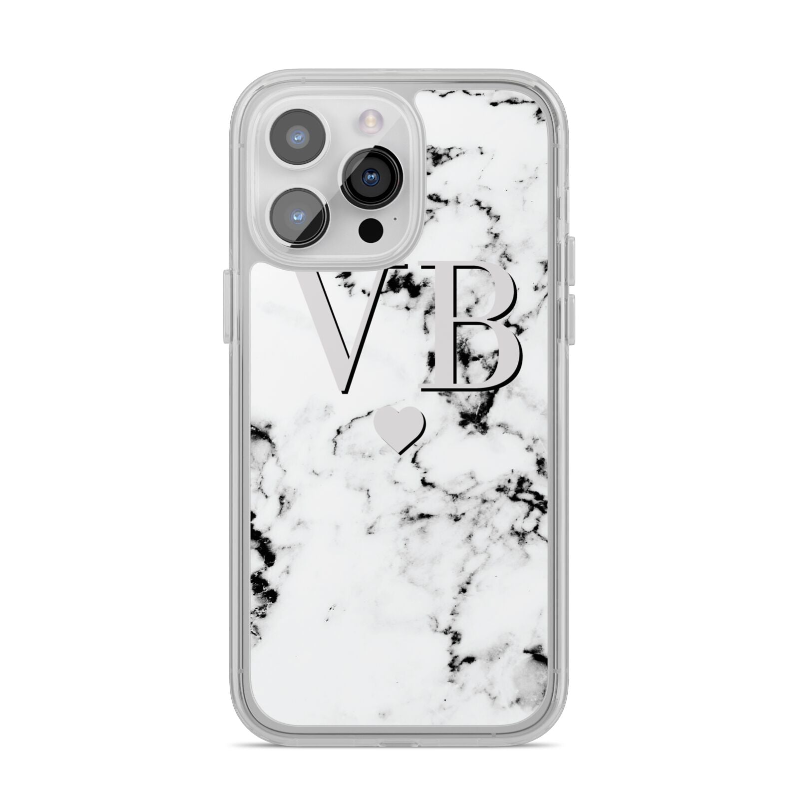 Personalised Grey Initialed Marble Heart iPhone 14 Pro Max Clear Tough Case Silver