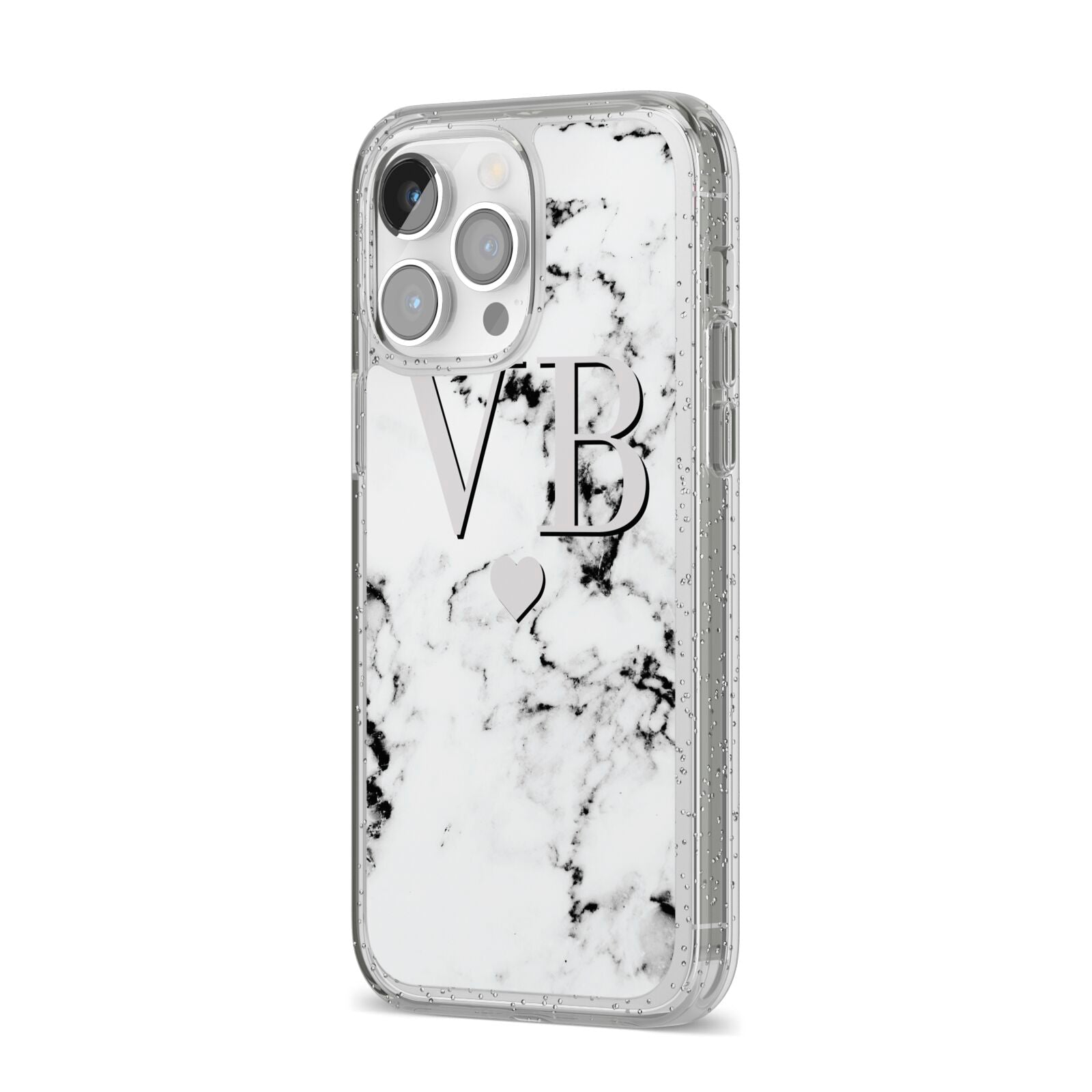 Personalised Grey Initialed Marble Heart iPhone 14 Pro Max Glitter Tough Case Silver Angled Image