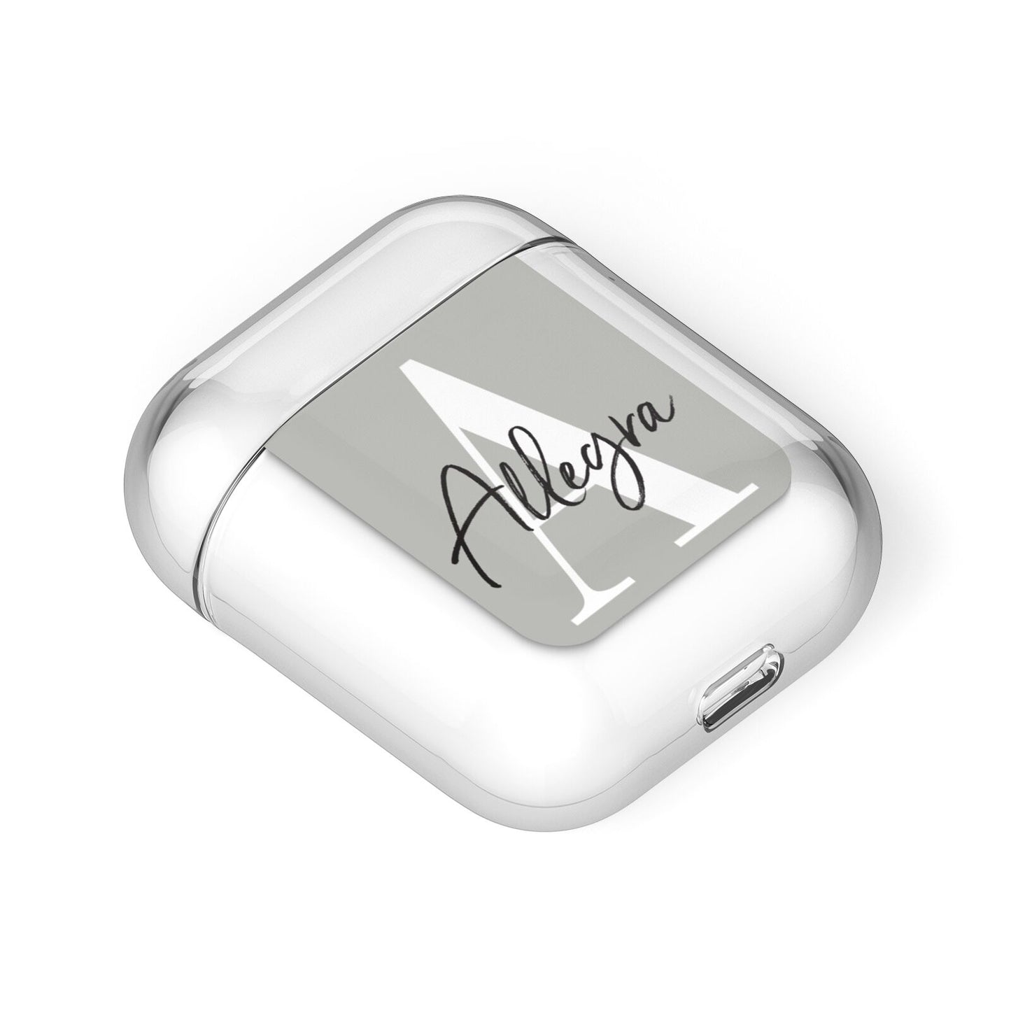 Personalised Grey Initials And Name AirPods Case Laid Flat