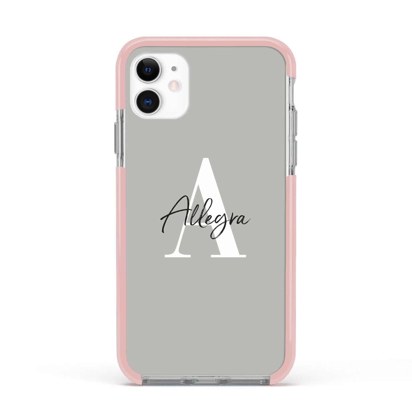 Personalised Grey Initials And Name Apple iPhone 11 in White with Pink Impact Case