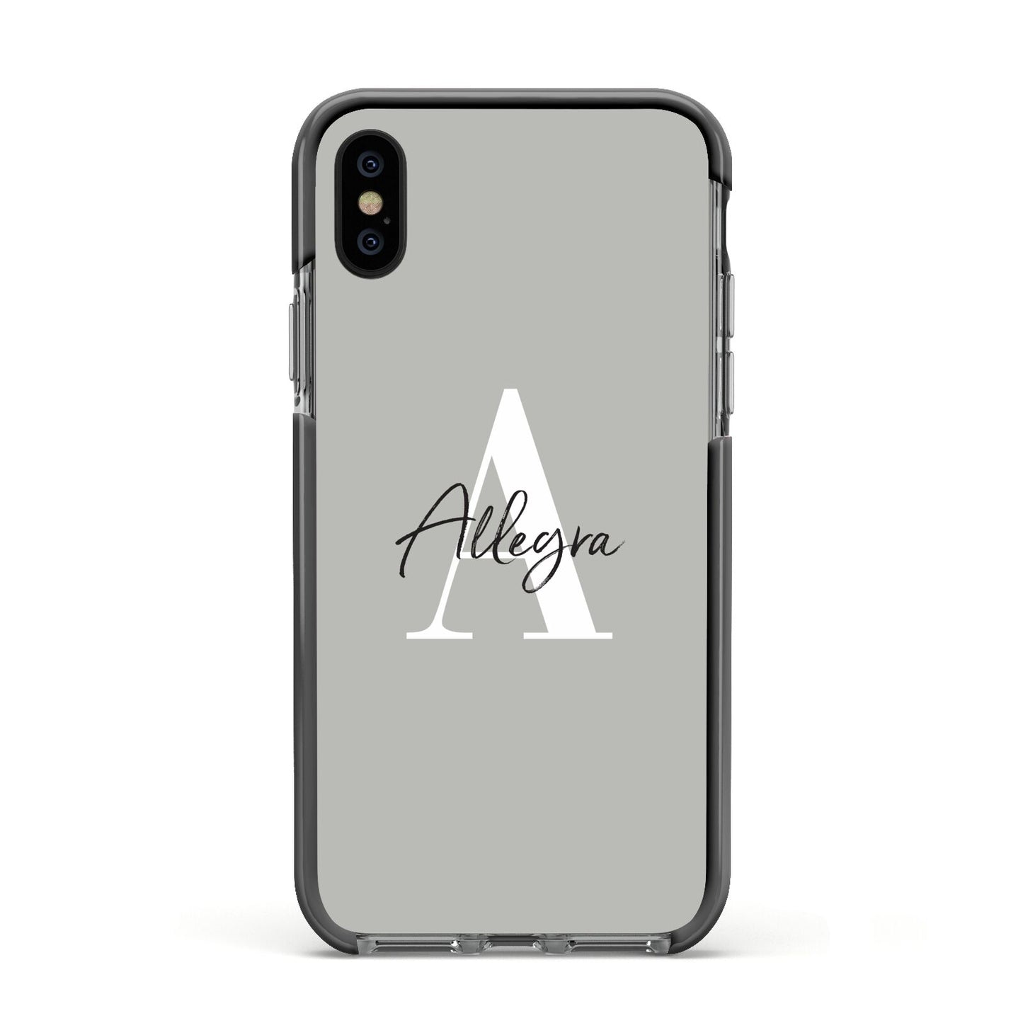 Personalised Grey Initials And Name Apple iPhone Xs Impact Case Black Edge on Black Phone