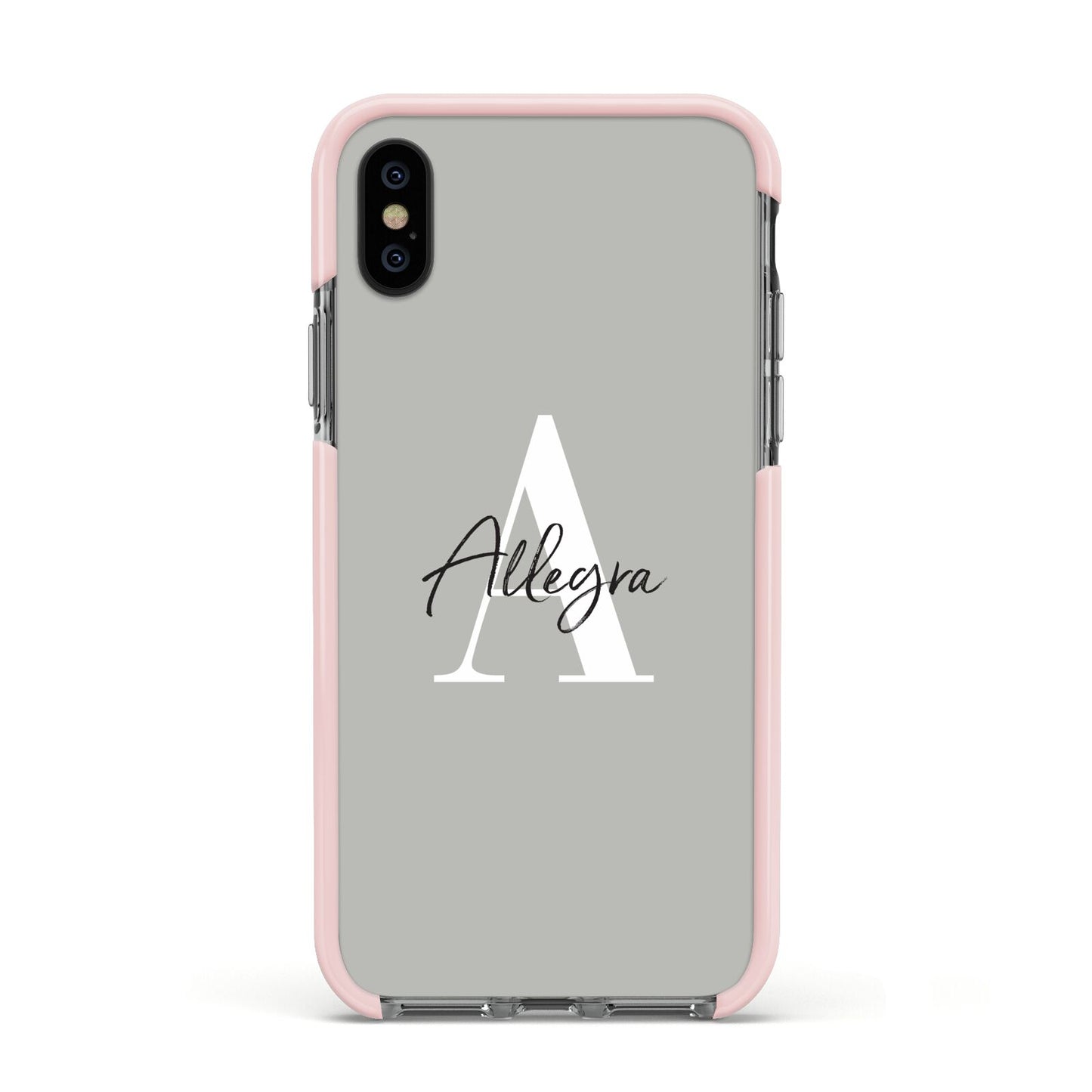 Personalised Grey Initials And Name Apple iPhone Xs Impact Case Pink Edge on Black Phone