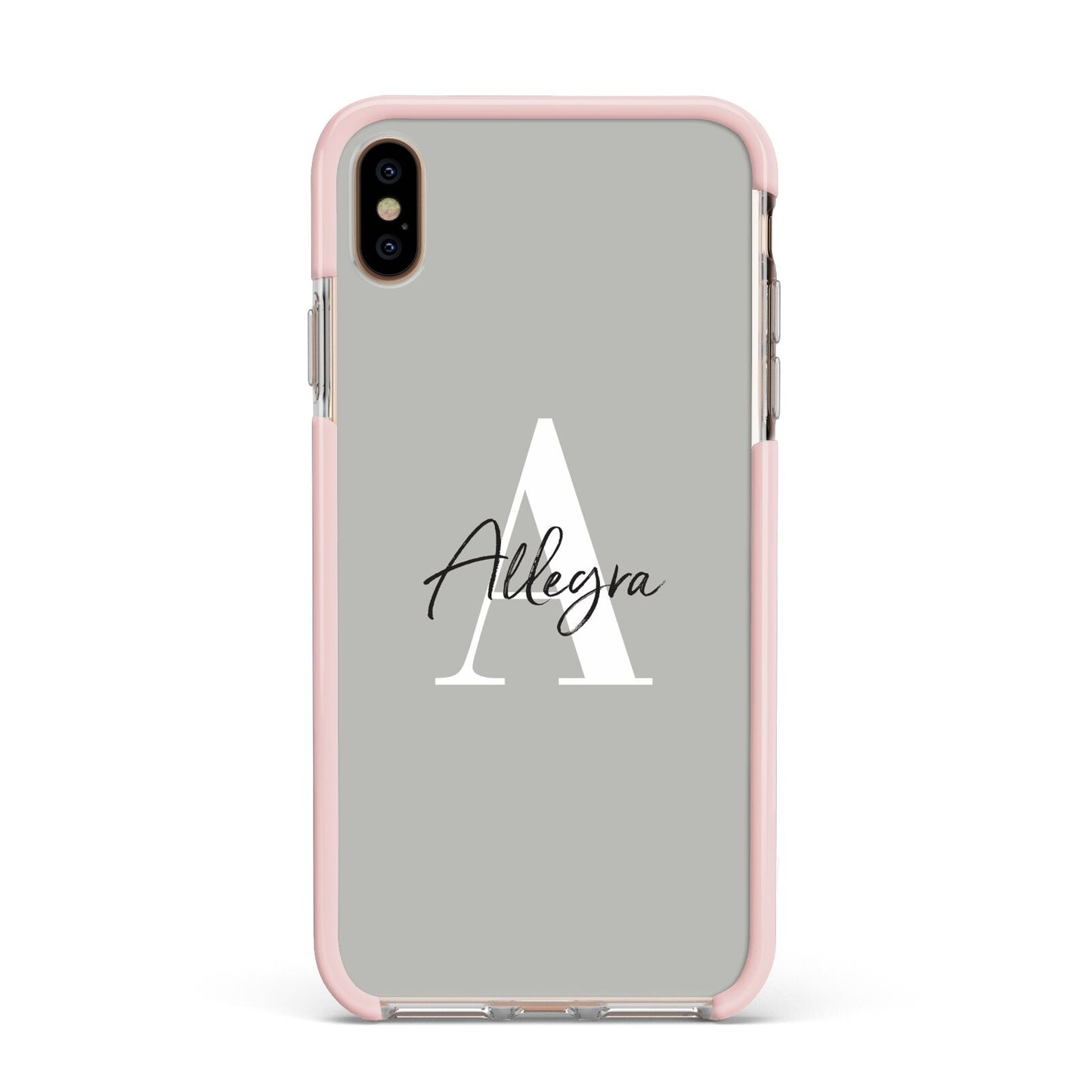 Personalised Grey Initials And Name Apple iPhone Xs Max Impact Case Pink Edge on Gold Phone