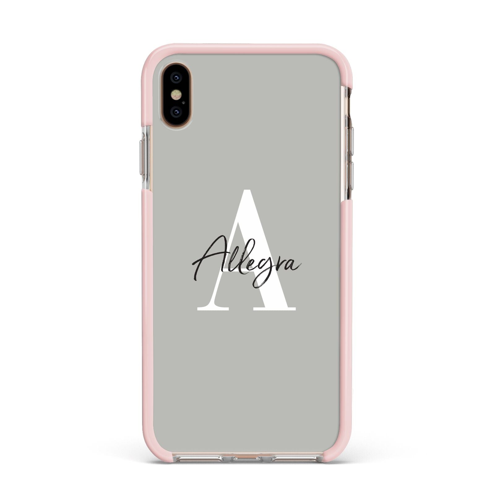 Personalised Grey Initials And Name Apple iPhone Xs Max Impact Case Pink Edge on Gold Phone