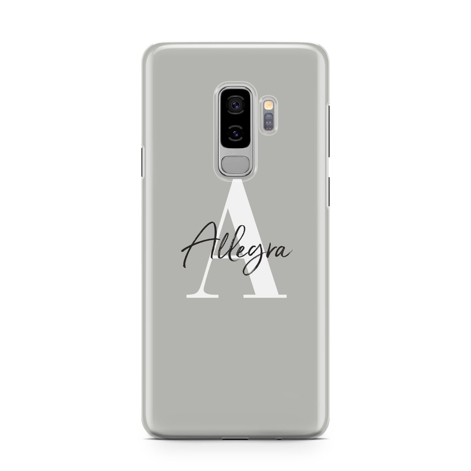 Personalised Grey Initials And Name Samsung Galaxy S9 Plus Case on Silver phone