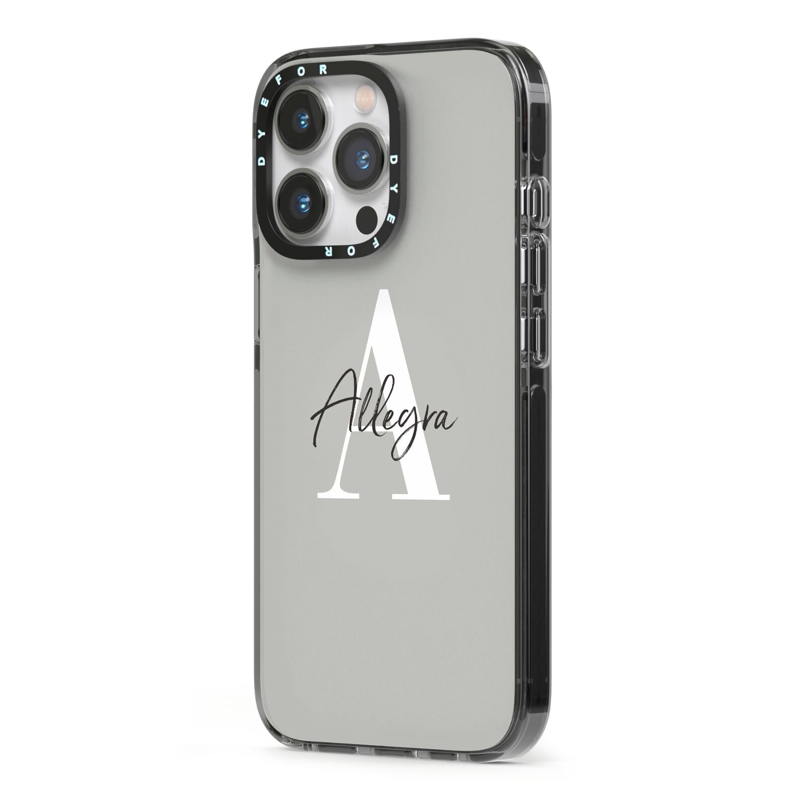 Personalised Grey Initials And Name iPhone 13 Pro Black Impact Case Side Angle on Silver phone