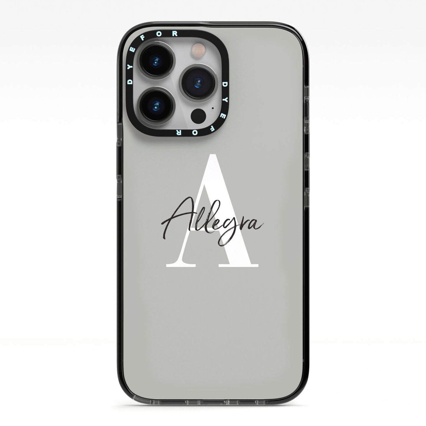 Personalised Grey Initials And Name iPhone 13 Pro Black Impact Case on Silver phone