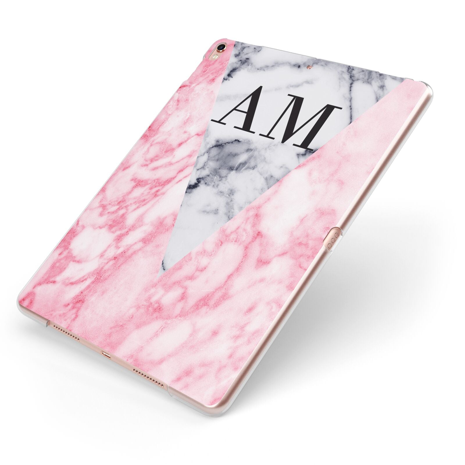 Personalised Grey Inset Marble Initials Apple iPad Case on Rose Gold iPad Side View