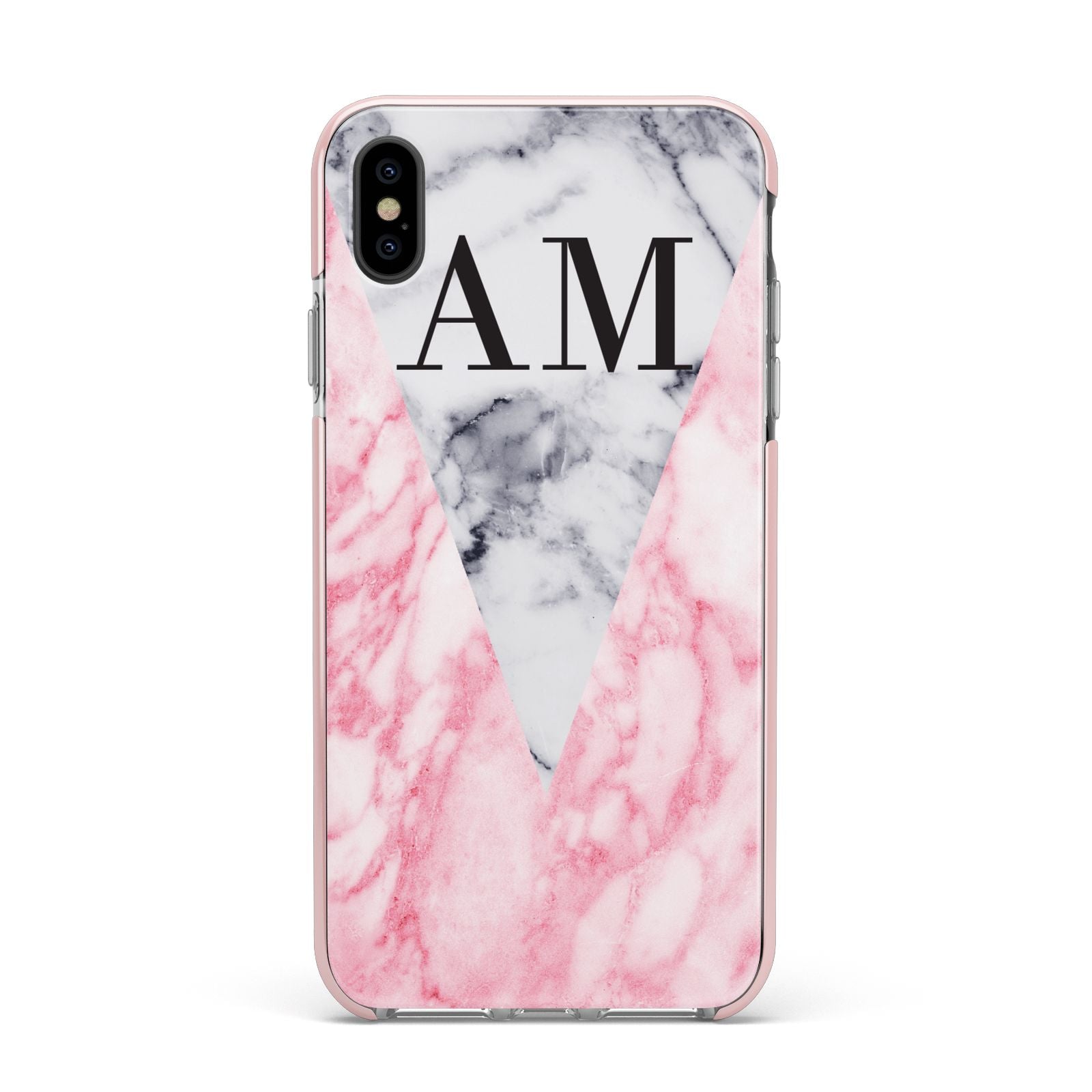 Personalised Grey Inset Marble Initials Apple iPhone Xs Max Impact Case Pink Edge on Black Phone