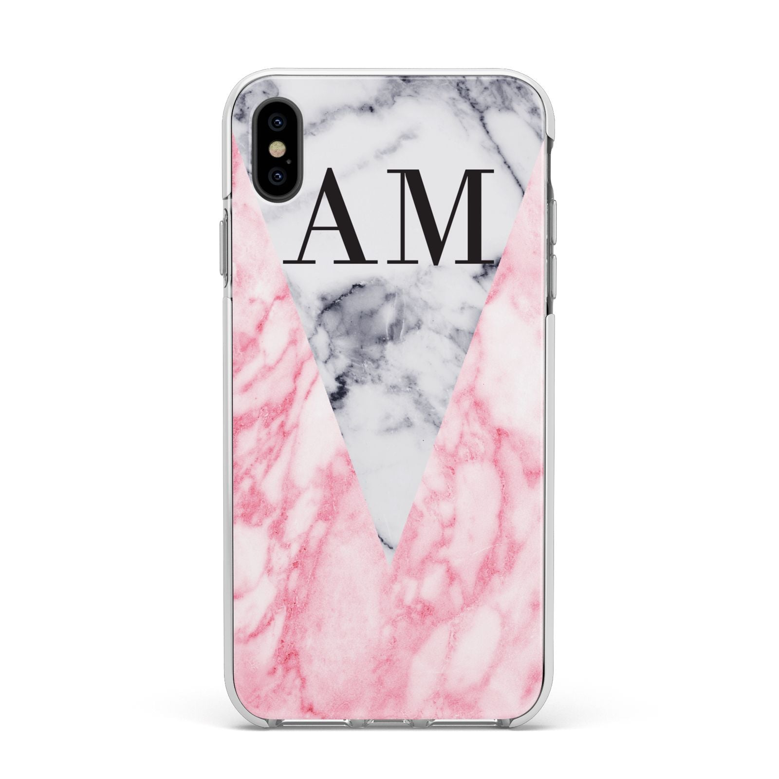 Personalised Grey Inset Marble Initials Apple iPhone Xs Max Impact Case White Edge on Black Phone