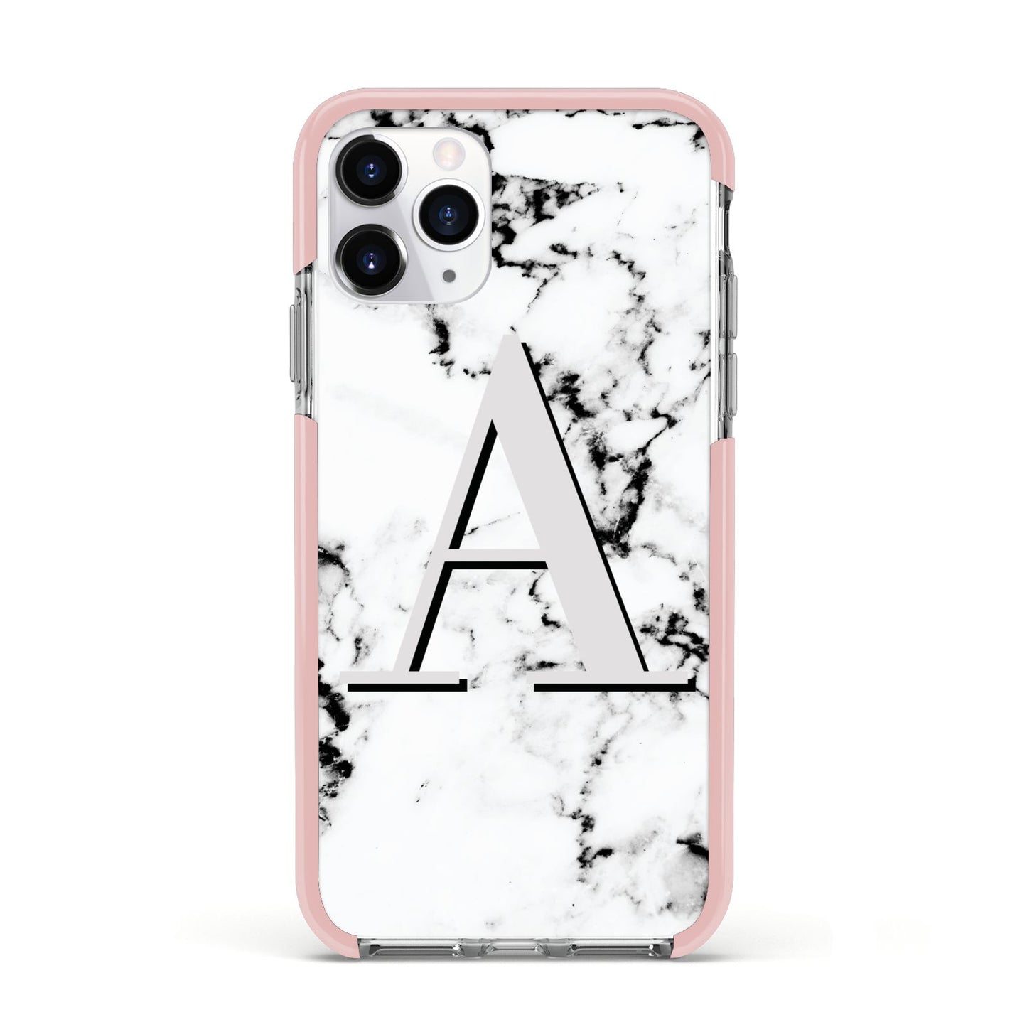 Personalised Grey Large Initial Marble Apple iPhone 11 Pro in Silver with Pink Impact Case