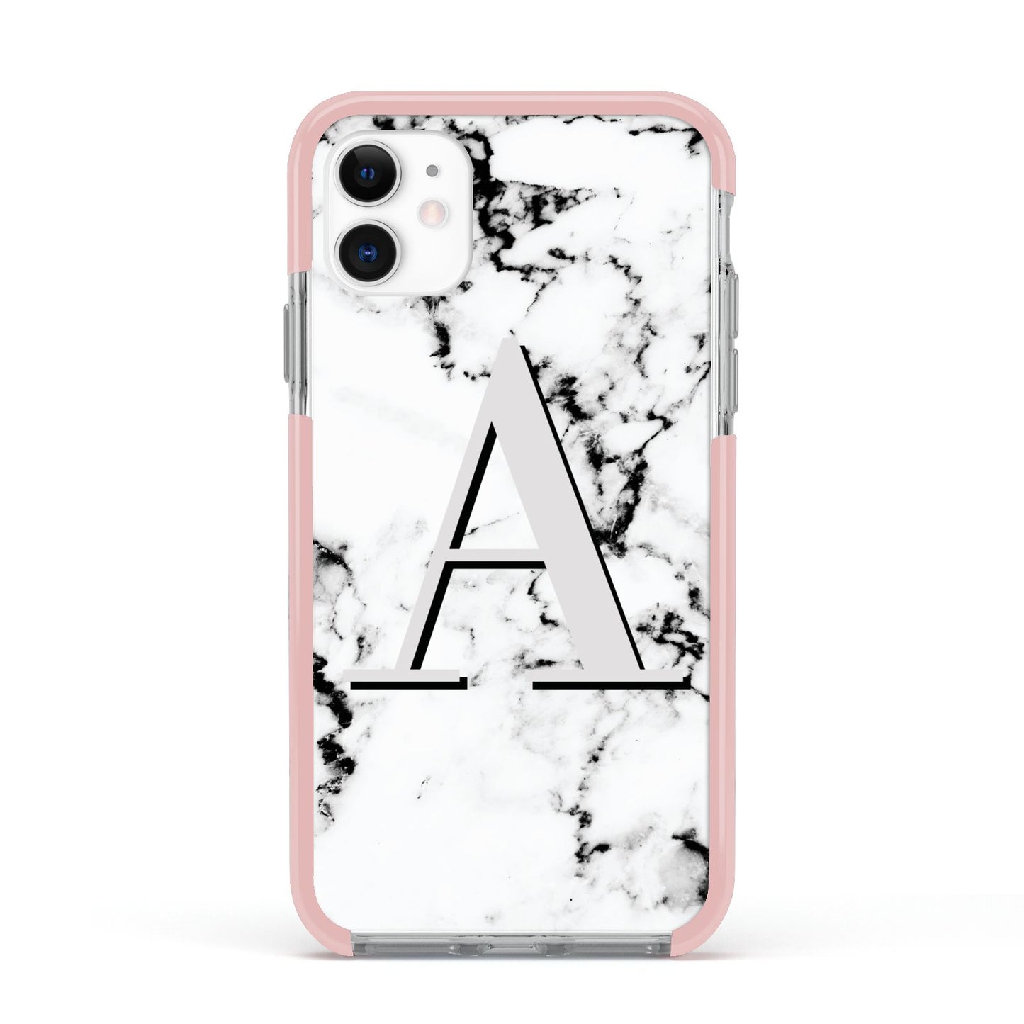 Personalised Grey Large Initial Marble Apple iPhone 11 in White with Pink Impact Case