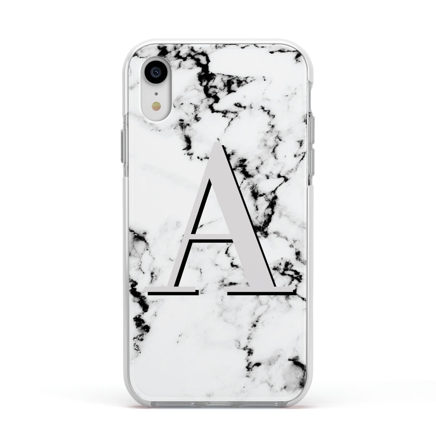 Personalised Grey Large Initial Marble Apple iPhone XR Impact Case White Edge on Silver Phone