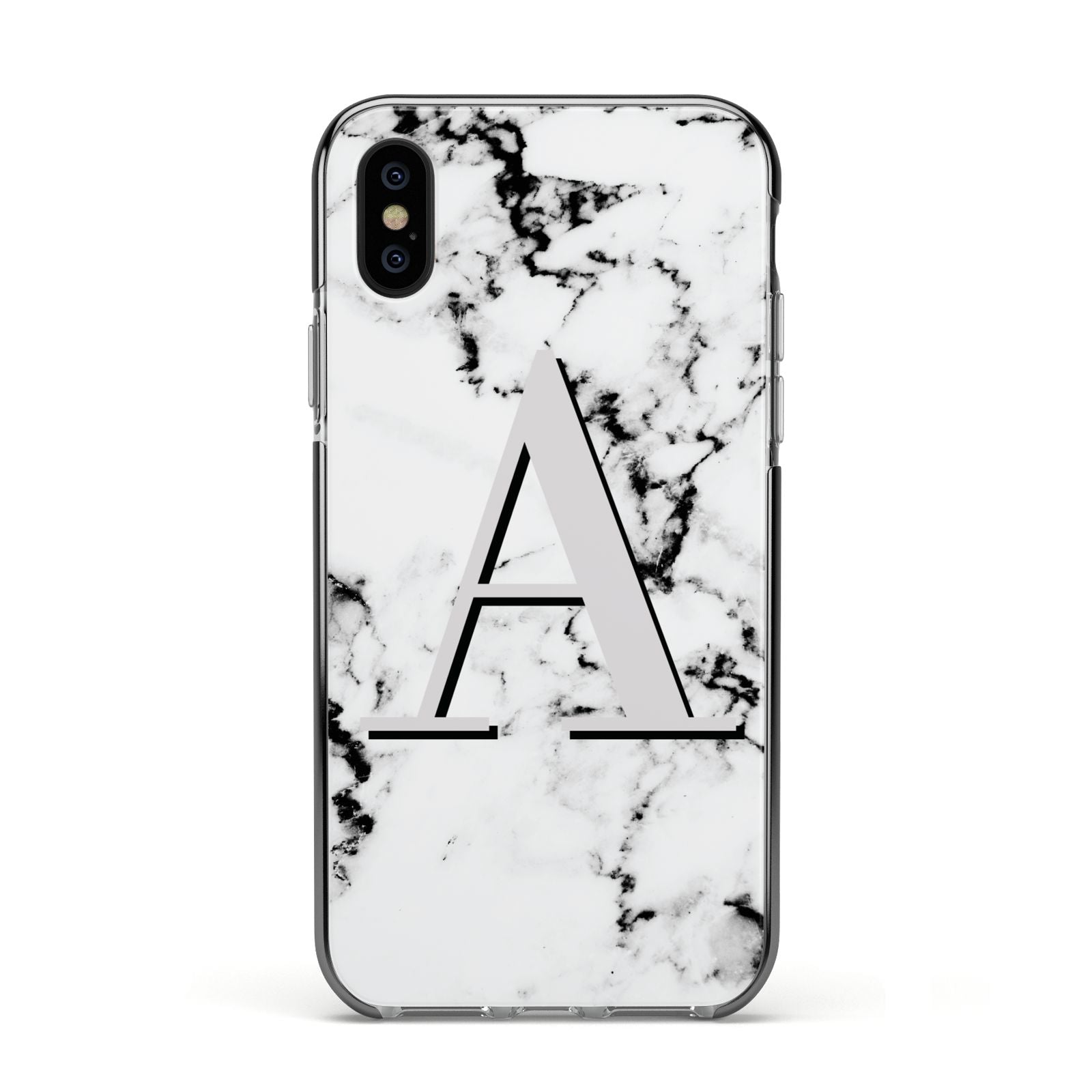 Personalised Grey Large Initial Marble Apple iPhone Xs Impact Case Black Edge on Black Phone