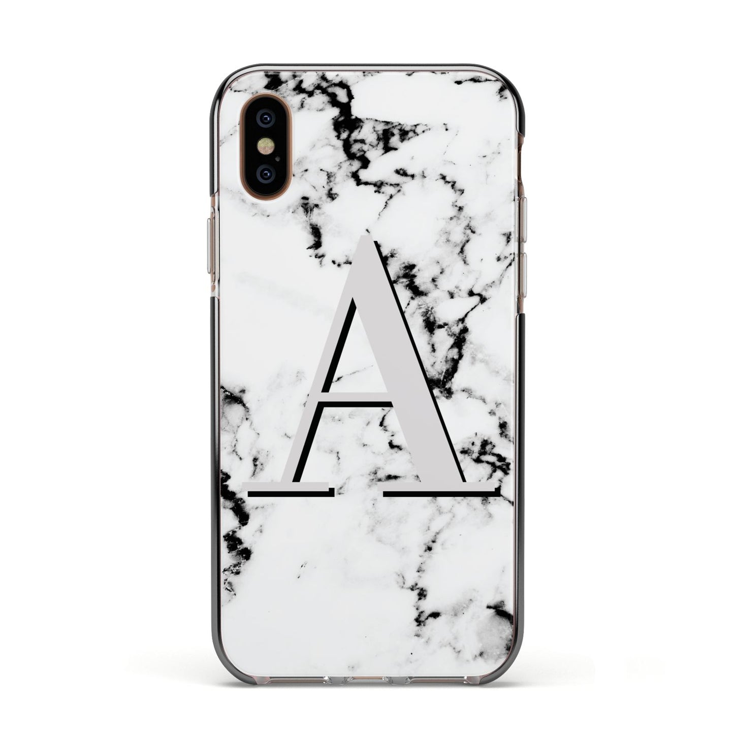 Personalised Grey Large Initial Marble Apple iPhone Xs Impact Case Black Edge on Gold Phone