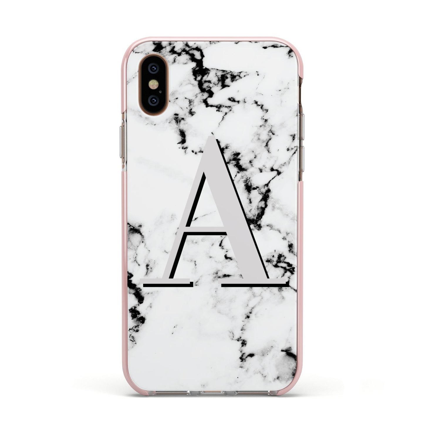 Personalised Grey Large Initial Marble Apple iPhone Xs Impact Case Pink Edge on Gold Phone