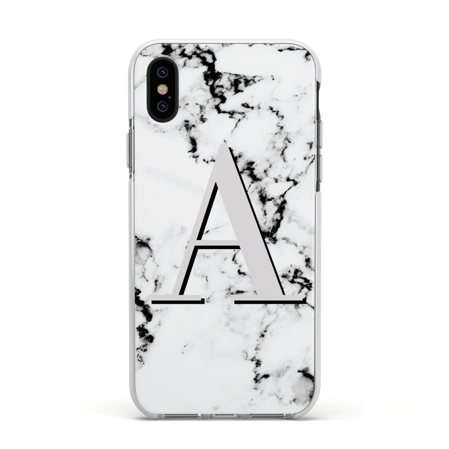 Personalised Grey Large Initial Marble Apple iPhone Xs Impact Case White Edge on Black Phone