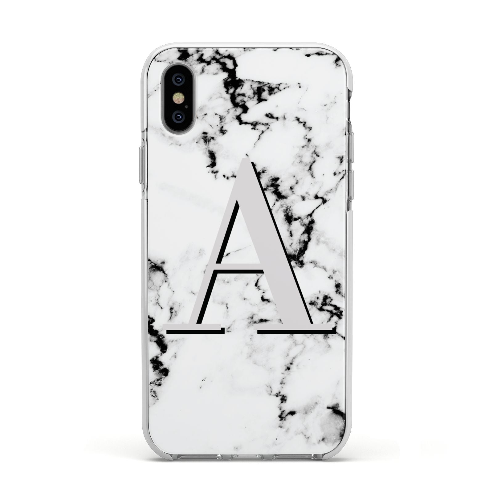 Personalised Grey Large Initial Marble Apple iPhone Xs Impact Case White Edge on Silver Phone