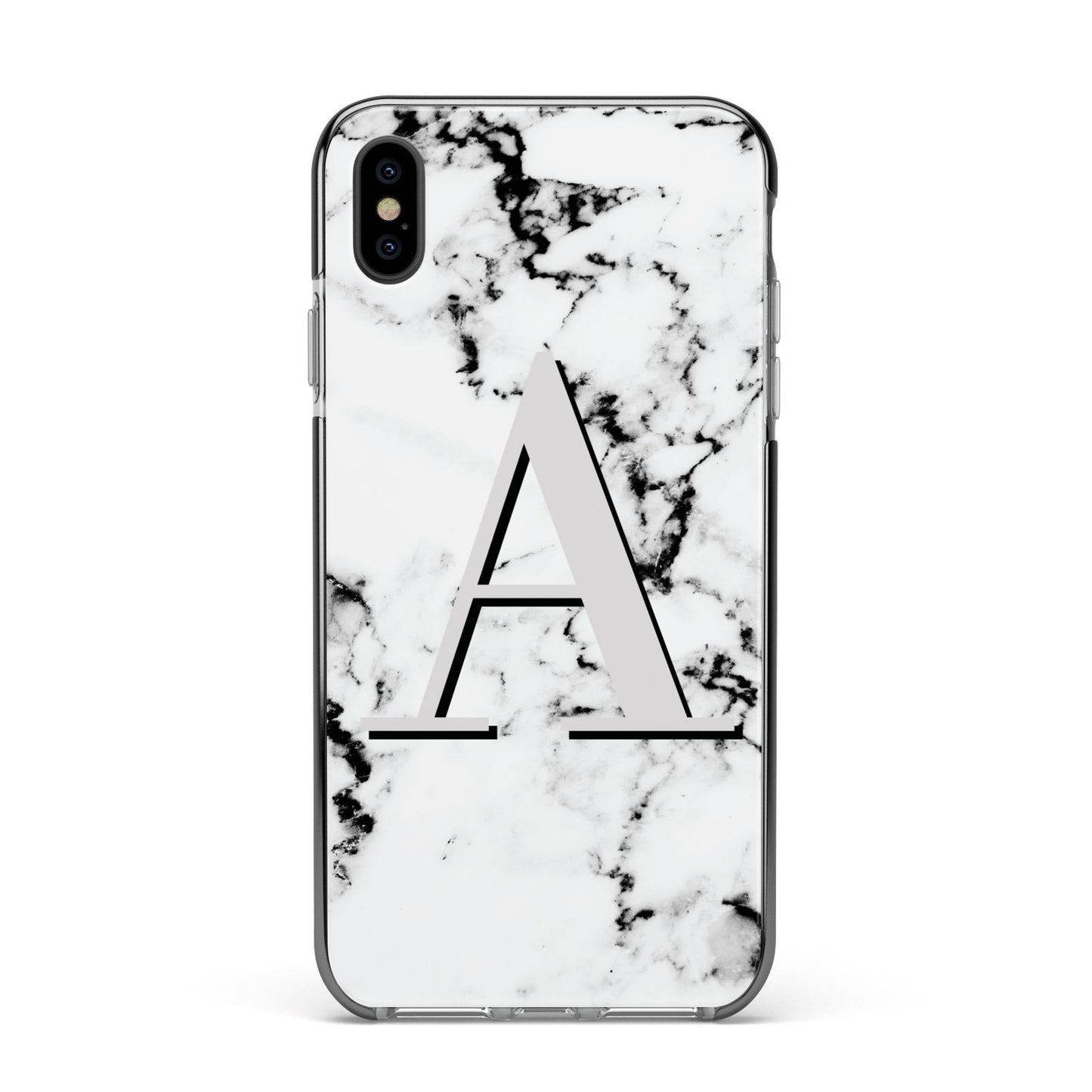 Personalised Grey Large Initial Marble Apple iPhone Xs Max Impact Case Black Edge on Black Phone