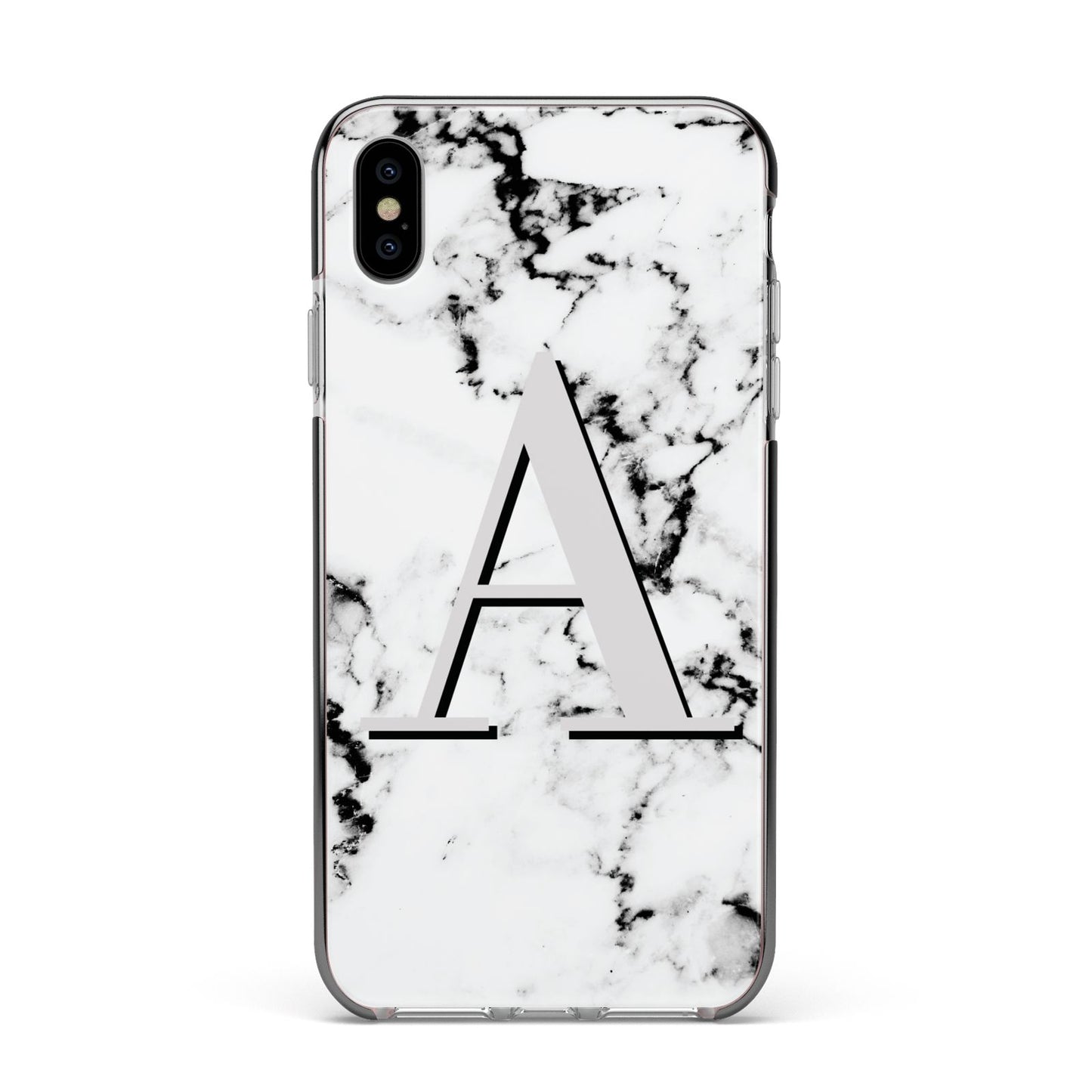 Personalised Grey Large Initial Marble Apple iPhone Xs Max Impact Case Black Edge on Silver Phone