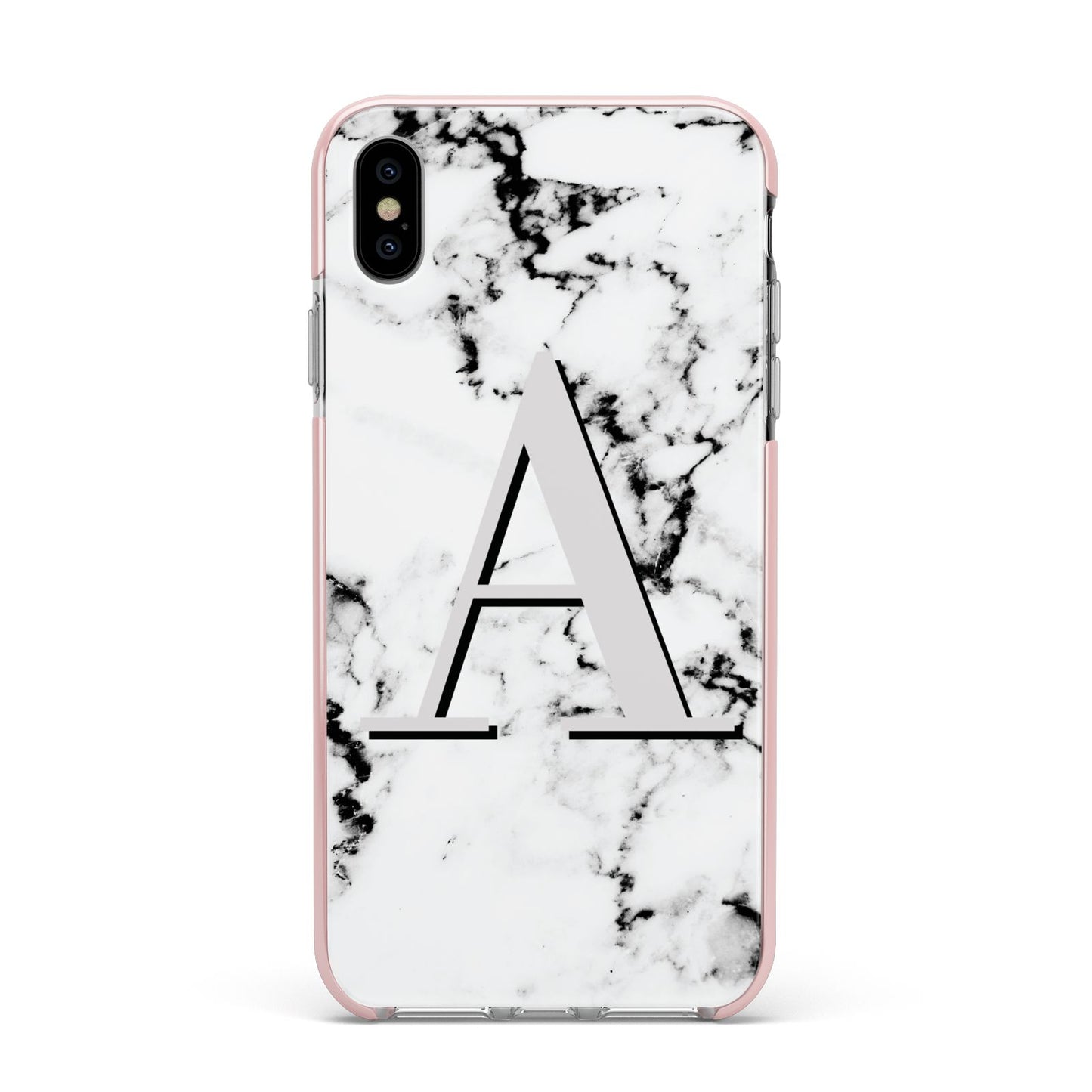 Personalised Grey Large Initial Marble Apple iPhone Xs Max Impact Case Pink Edge on Silver Phone