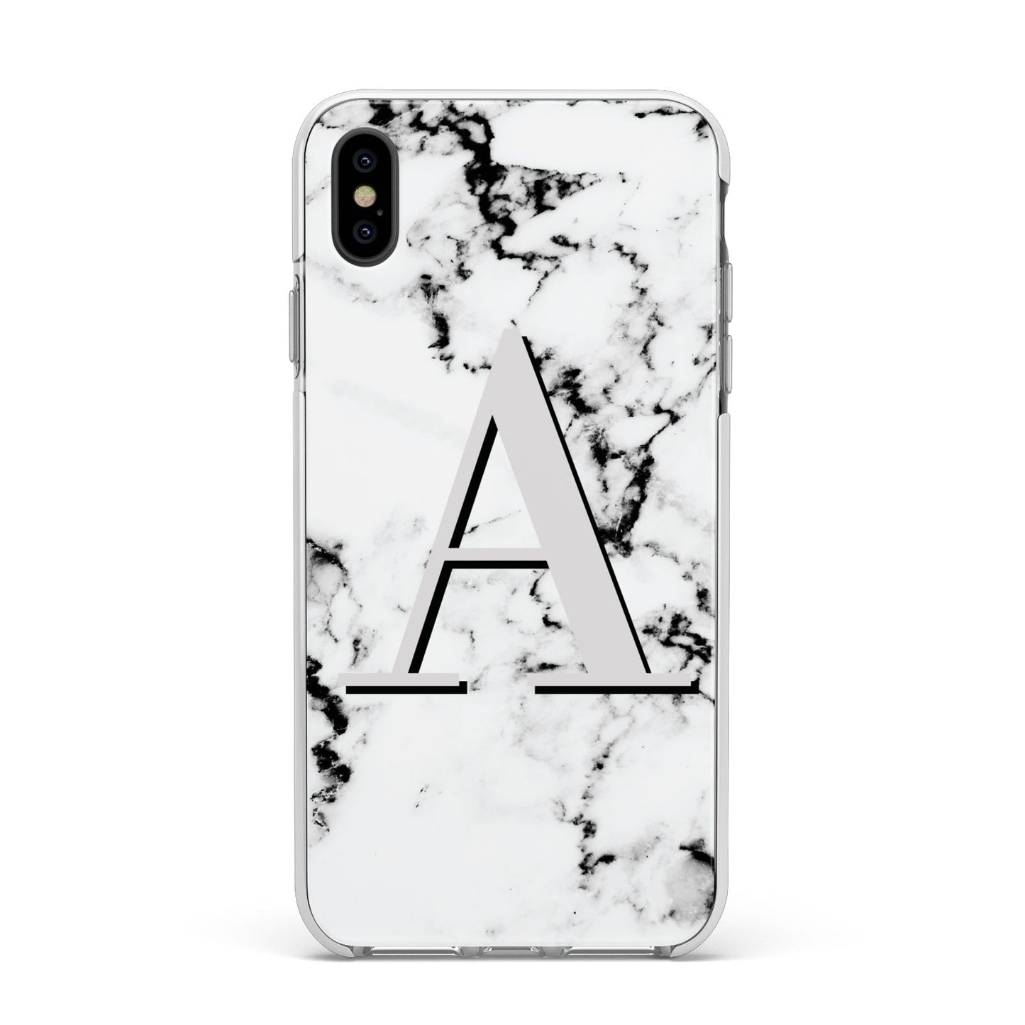 Personalised Grey Large Initial Marble Apple iPhone Xs Max Impact Case White Edge on Black Phone