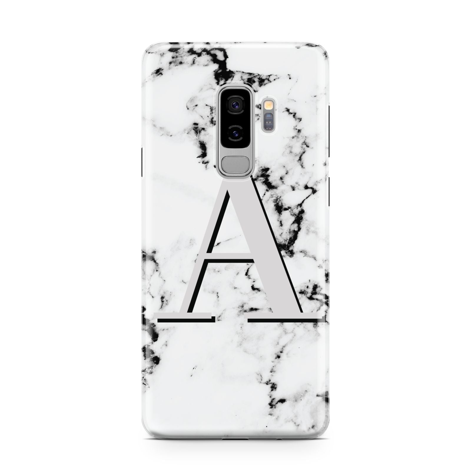 Personalised Grey Large Initial Marble Samsung Galaxy S9 Plus Case on Silver phone