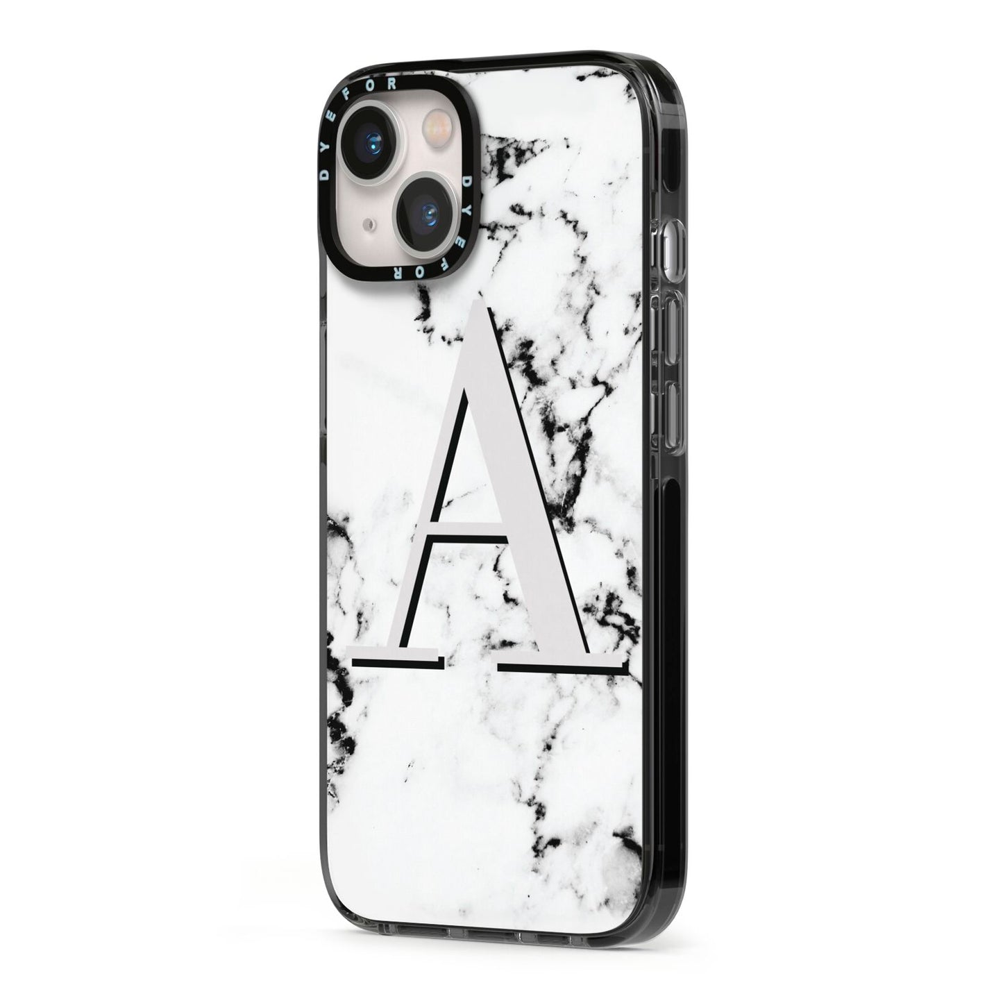 Personalised Grey Large Initial Marble iPhone 13 Black Impact Case Side Angle on Silver phone