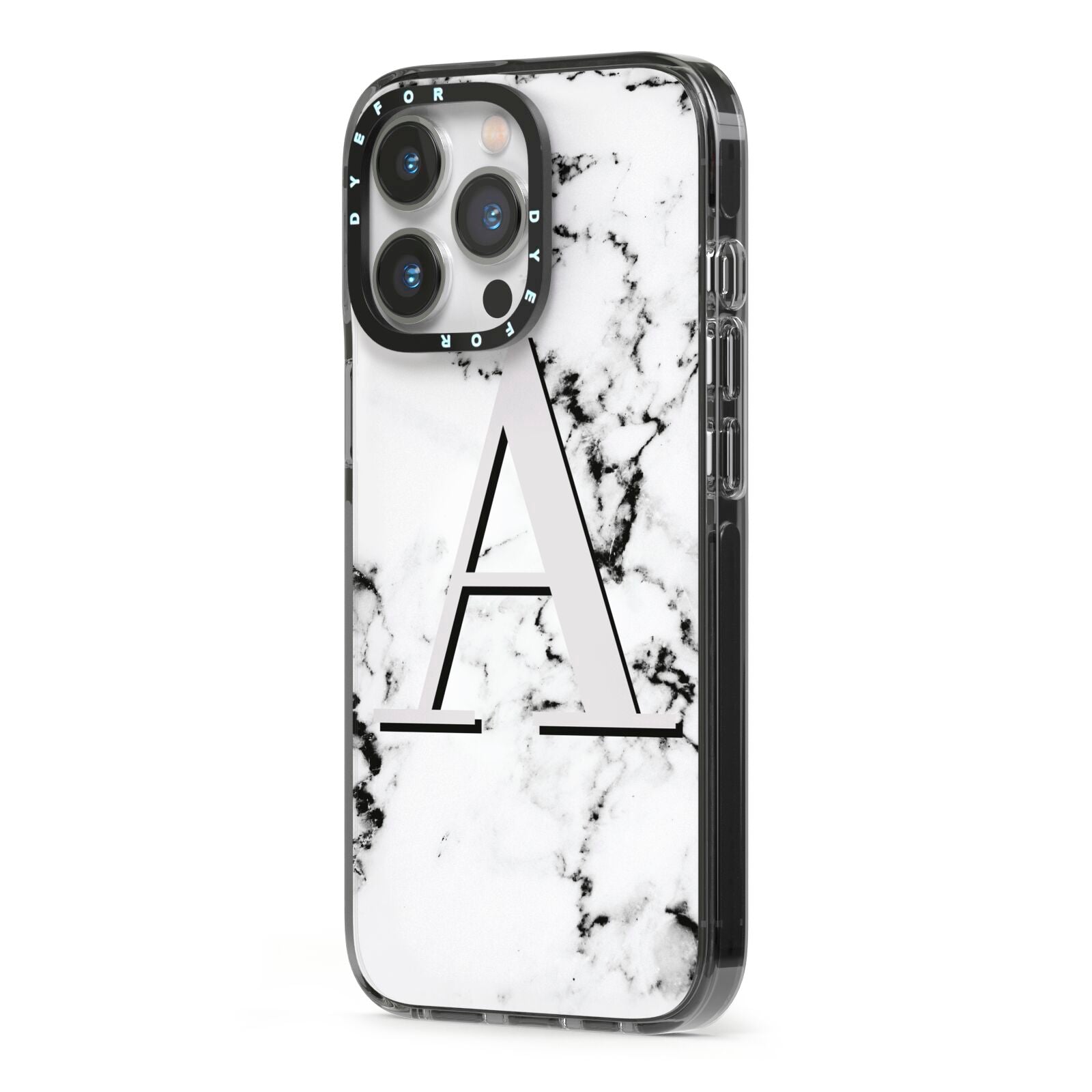 Personalised Grey Large Initial Marble iPhone 13 Pro Black Impact Case Side Angle on Silver phone