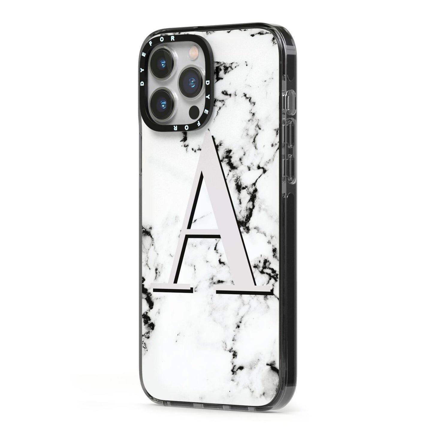 Personalised Grey Large Initial Marble iPhone 13 Pro Max Black Impact Case Side Angle on Silver phone