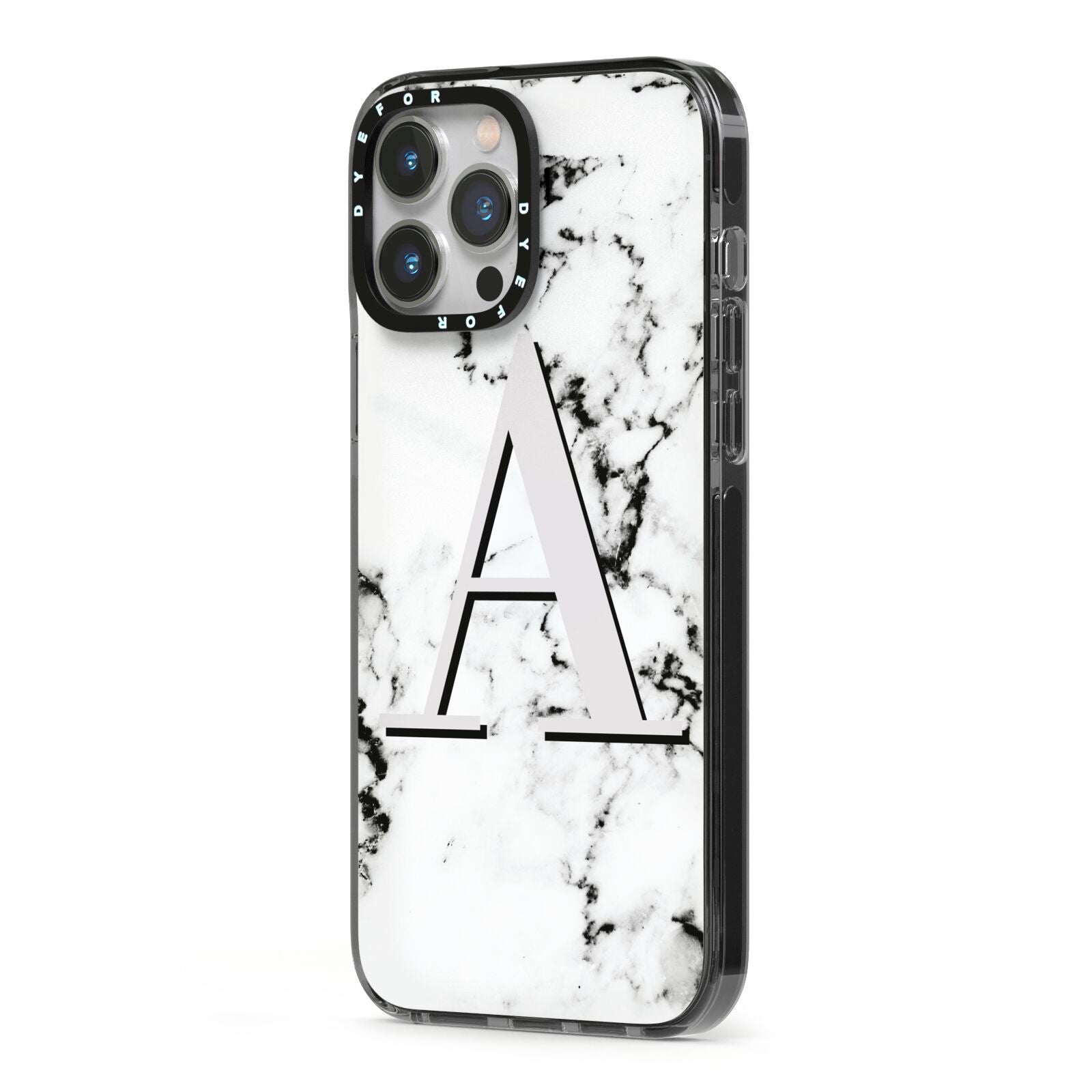 Personalised Grey Large Initial Marble iPhone 13 Pro Max Black Impact Case Side Angle on Silver phone