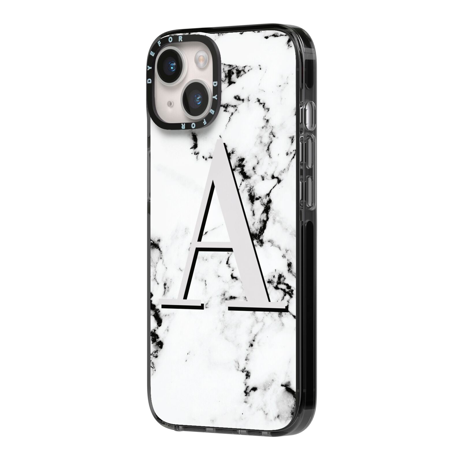 Personalised Grey Large Initial Marble iPhone 14 Black Impact Case Side Angle on Silver phone