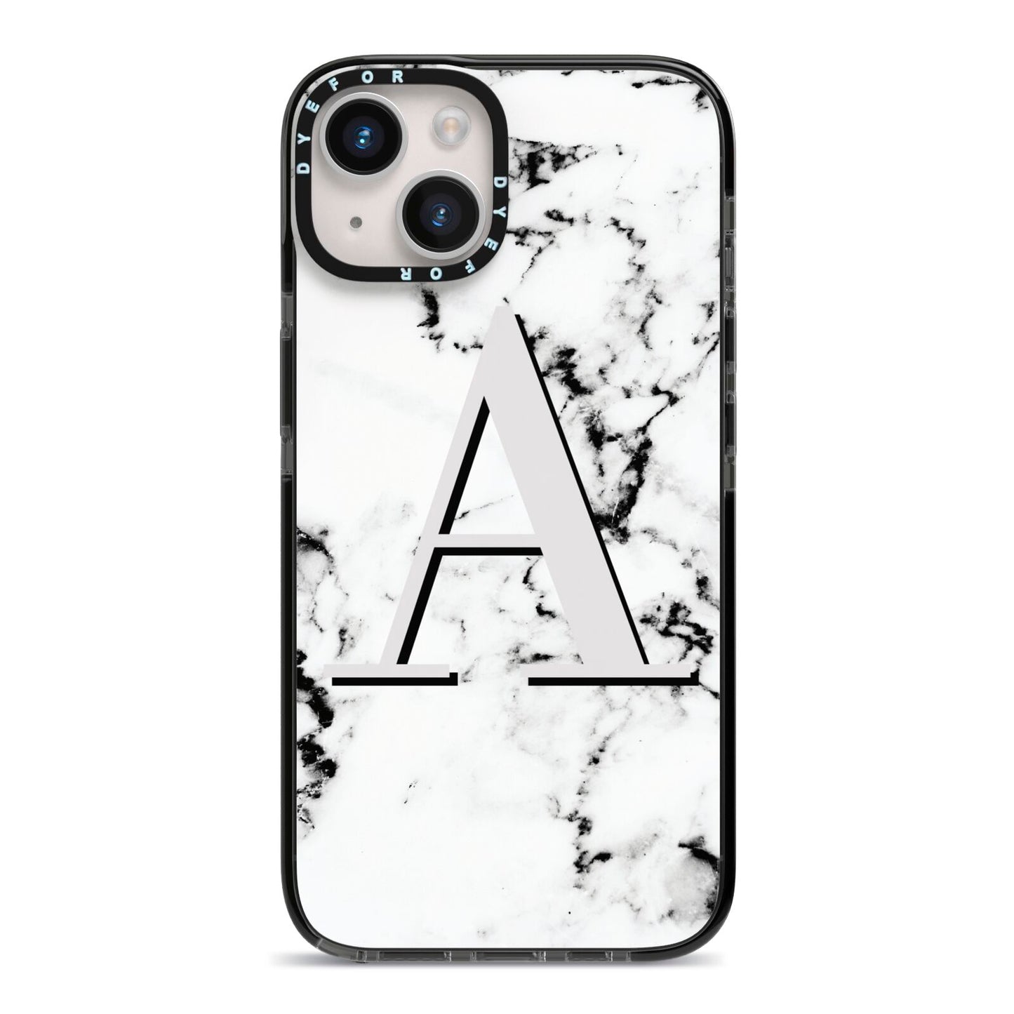 Personalised Grey Large Initial Marble iPhone 14 Black Impact Case on Silver phone