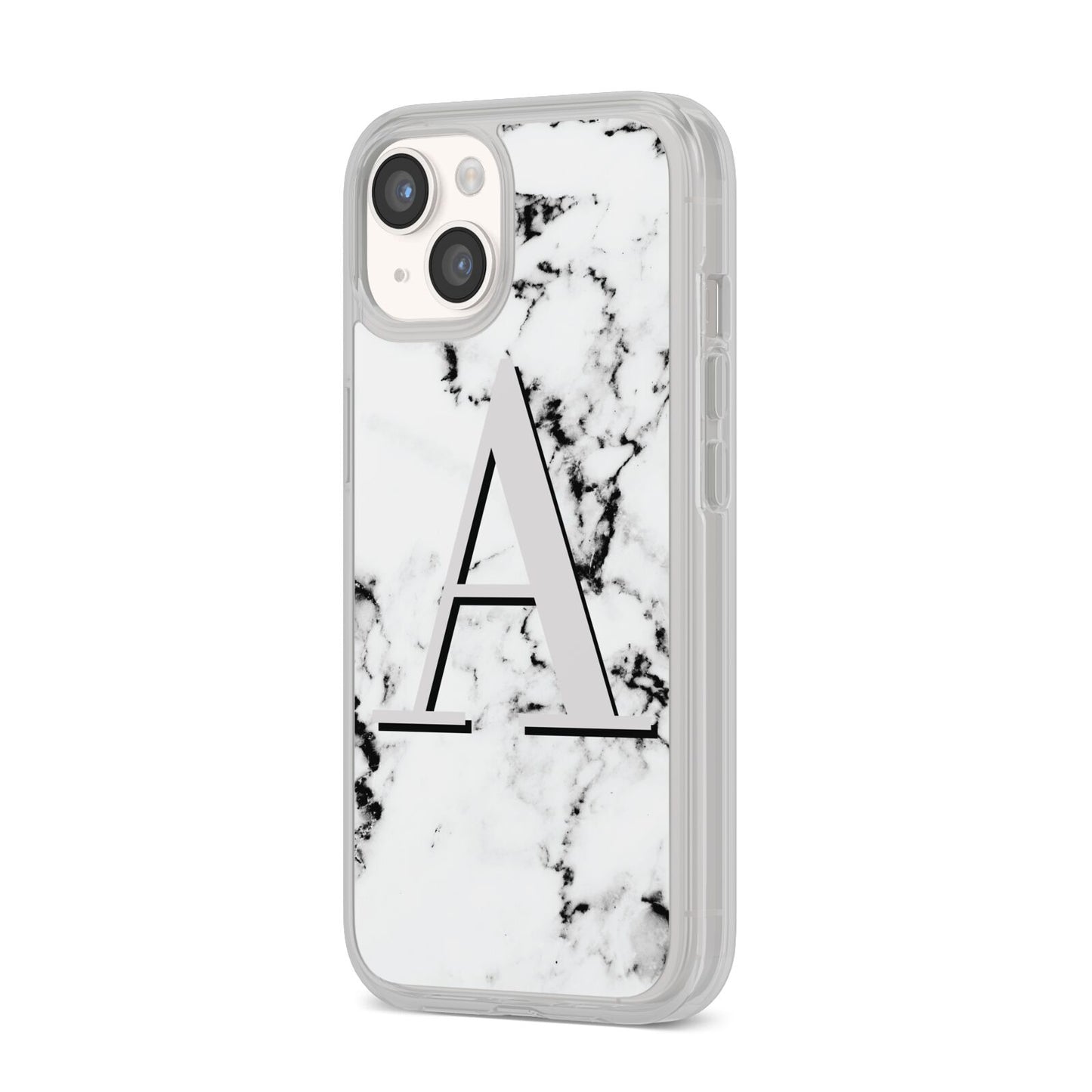 Personalised Grey Large Initial Marble iPhone 14 Clear Tough Case Starlight Angled Image