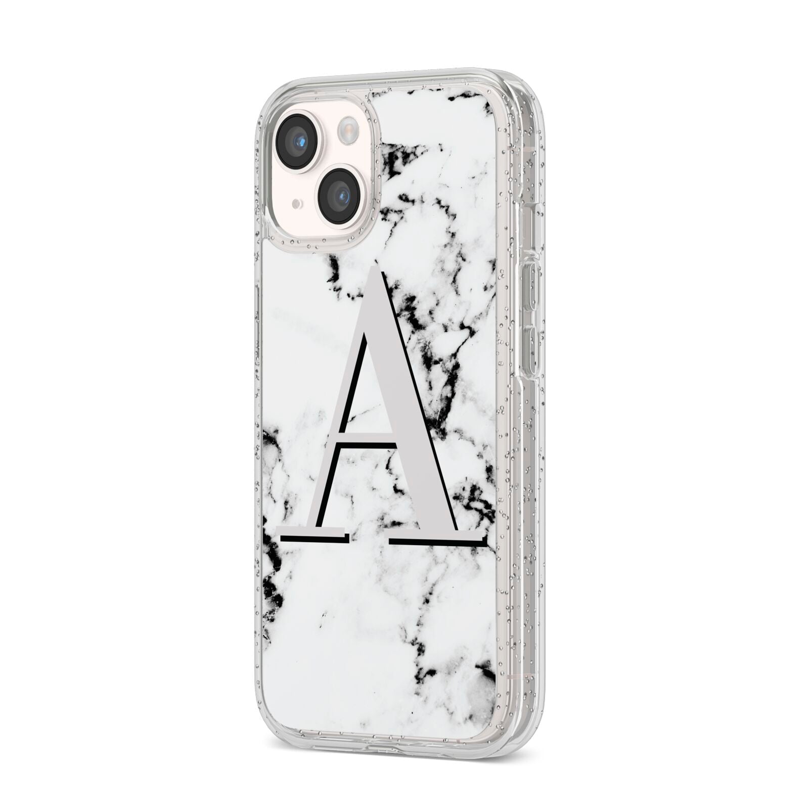 Personalised Grey Large Initial Marble iPhone 14 Glitter Tough Case Starlight Angled Image