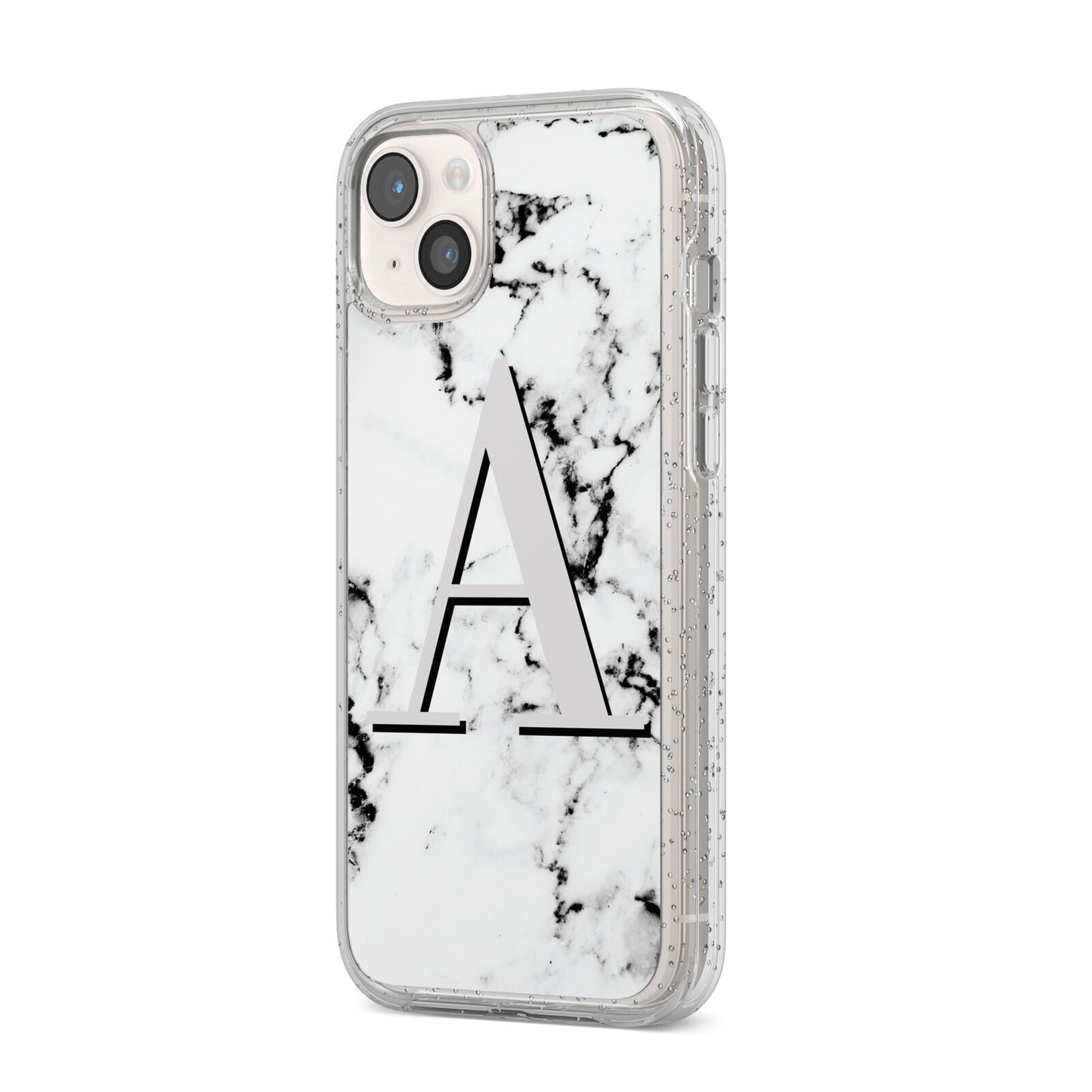 Personalised Grey Large Initial Marble iPhone 14 Plus Glitter Tough Case Starlight Angled Image